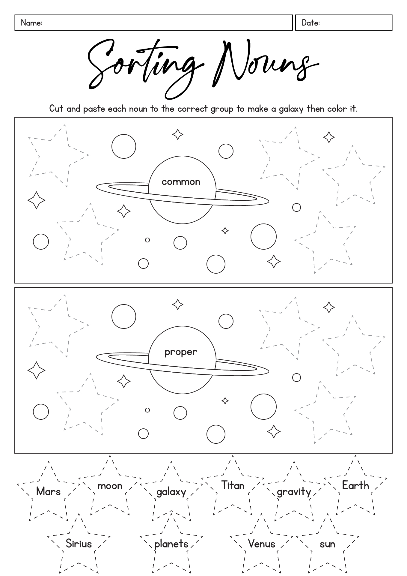 Sorting Common Noun and Proper Noun Worksheet Cut and Paste