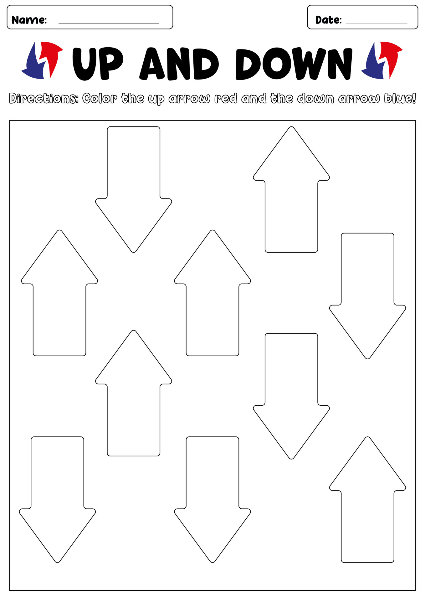 Up and Down Position Worksheets for Kindergarten