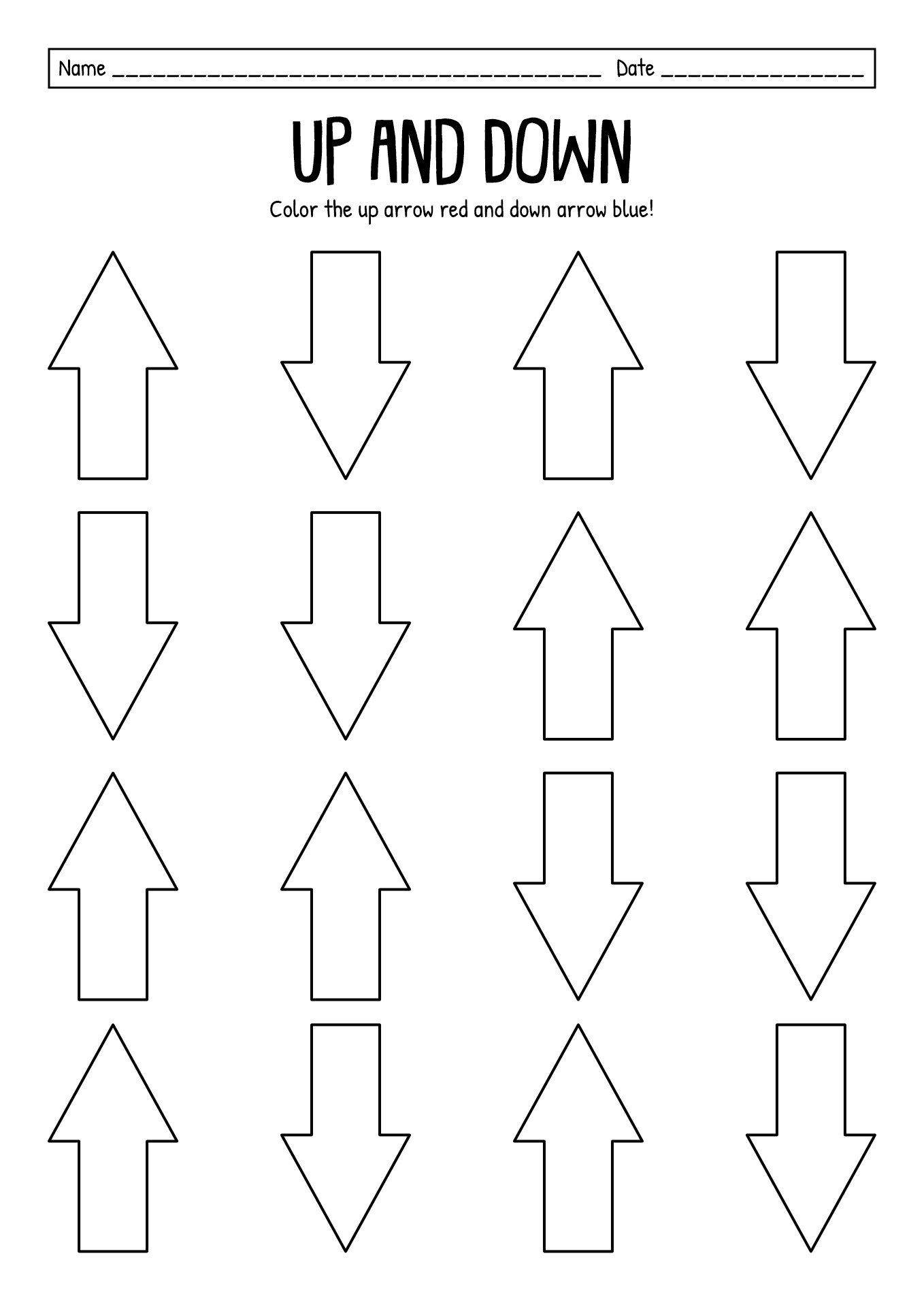 Up and Down Positional Worksheets for Preschool