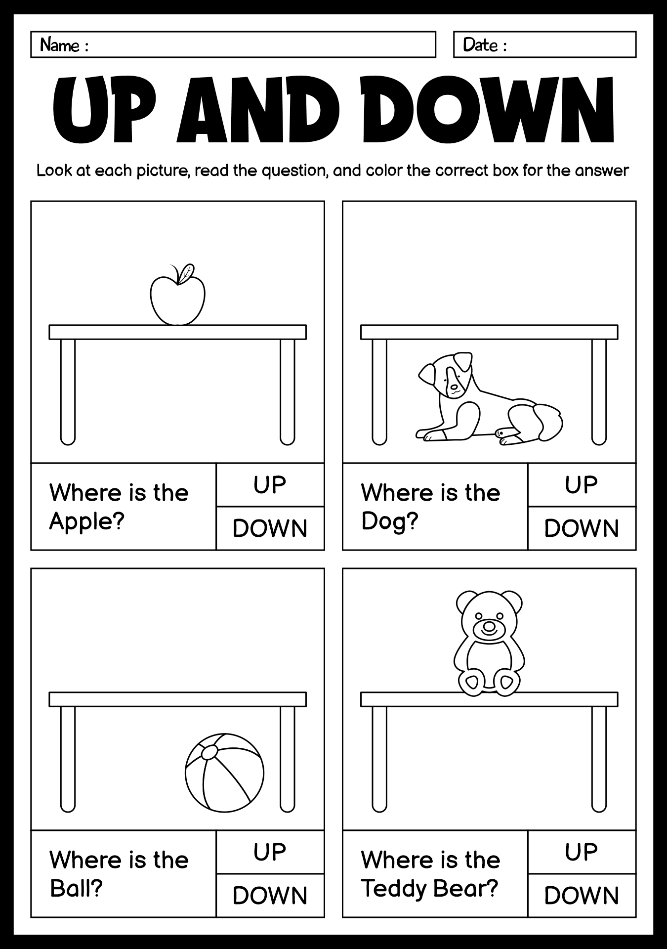 Up and Down Worksheets for Young Students