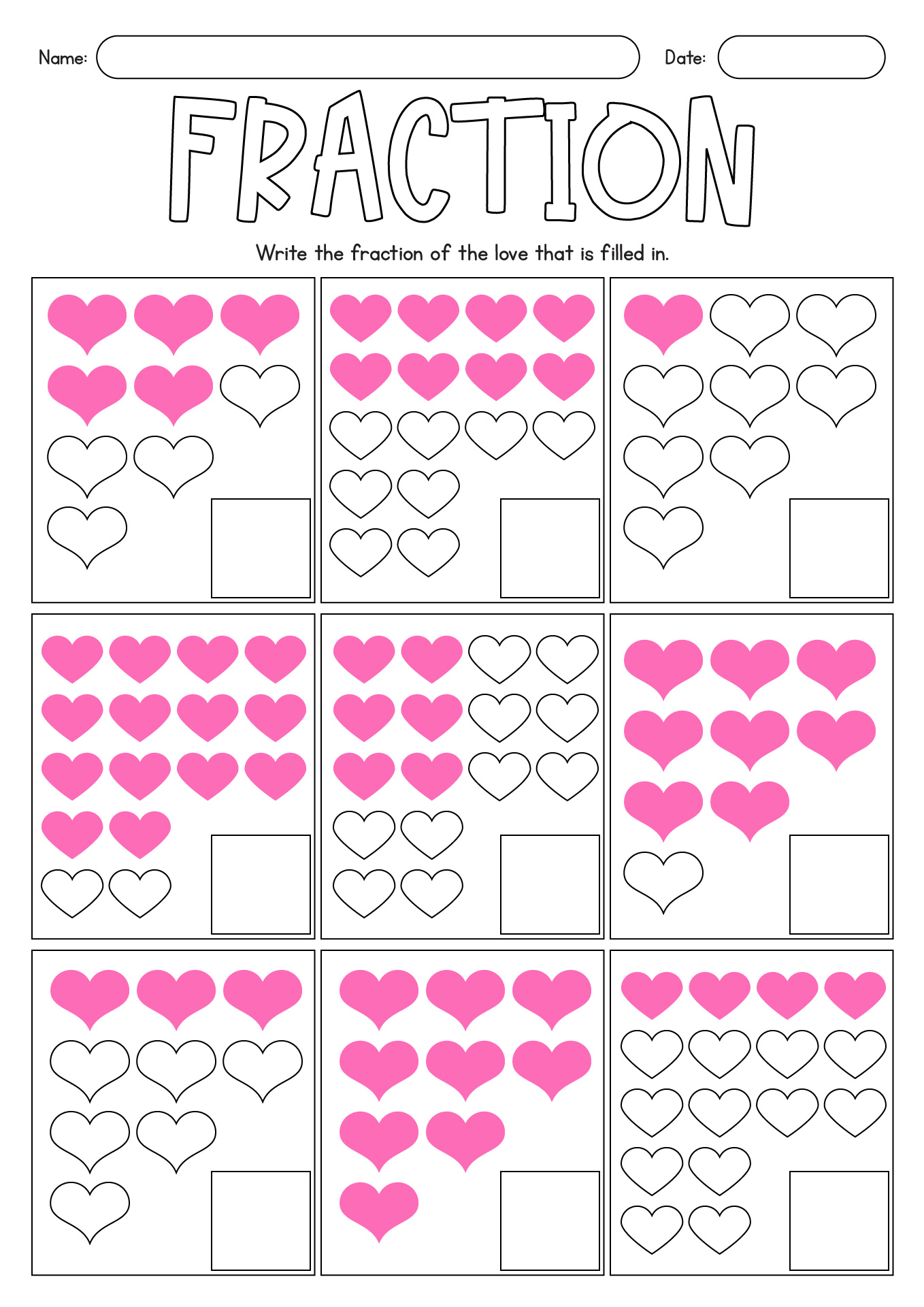 Valentines Fraction Exercises for Kids