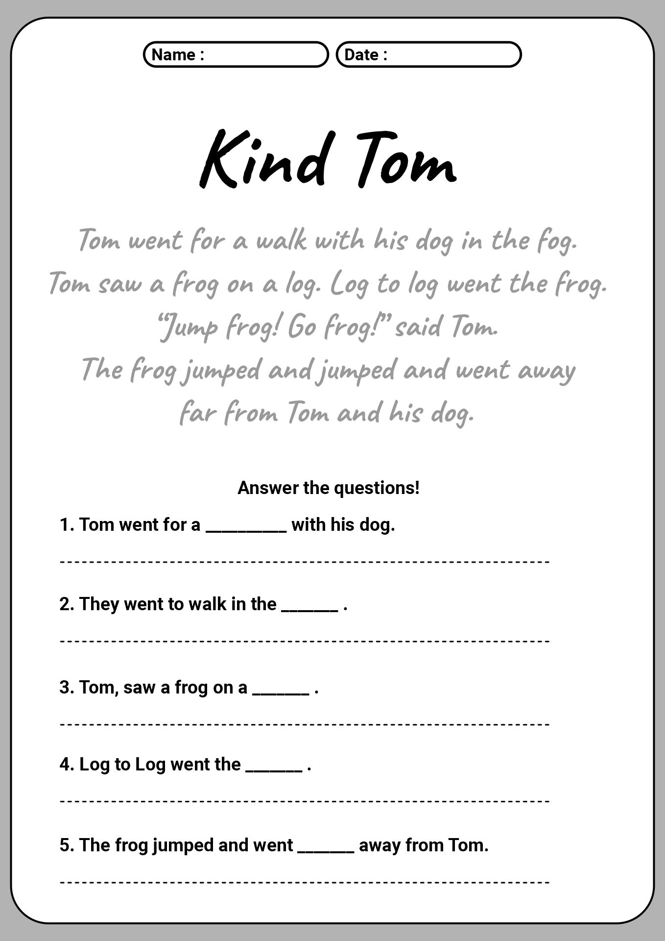 Worksheets on Reading and Comprehension for 3rd Graders