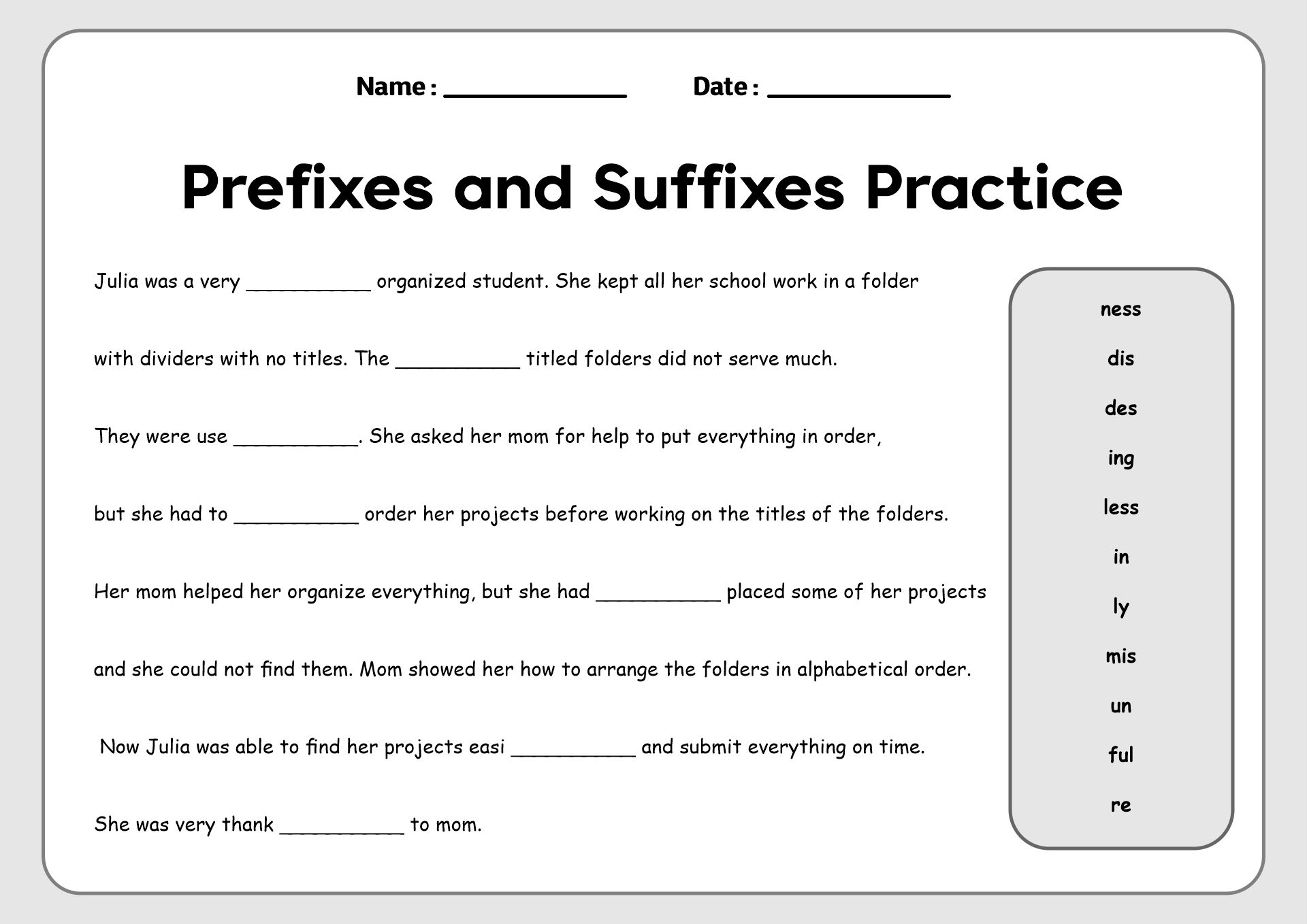 4th Grade Prefix and Suffix Learning Sheets