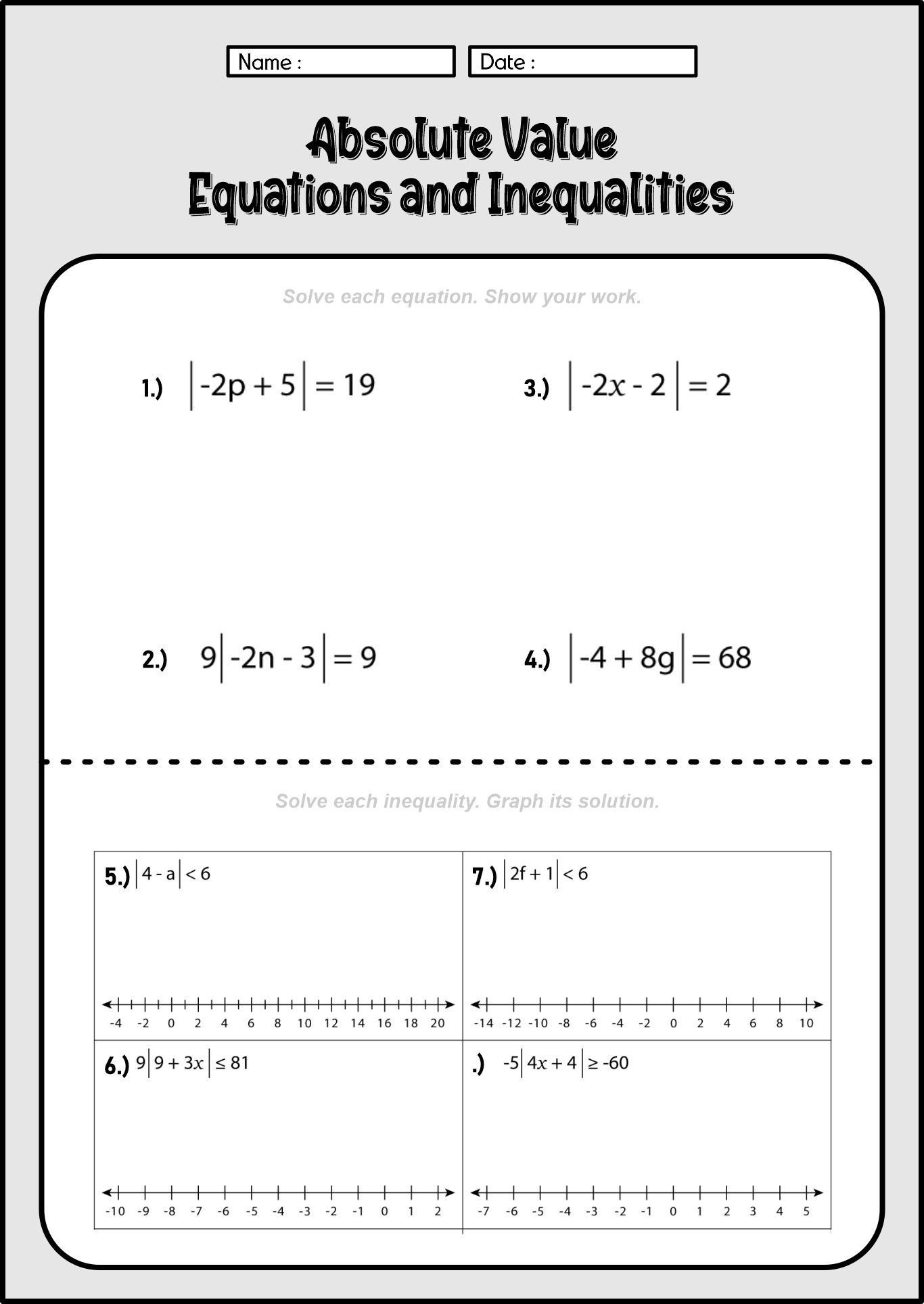 7th Grade Algebraic Equations and Inequalities Worksheets