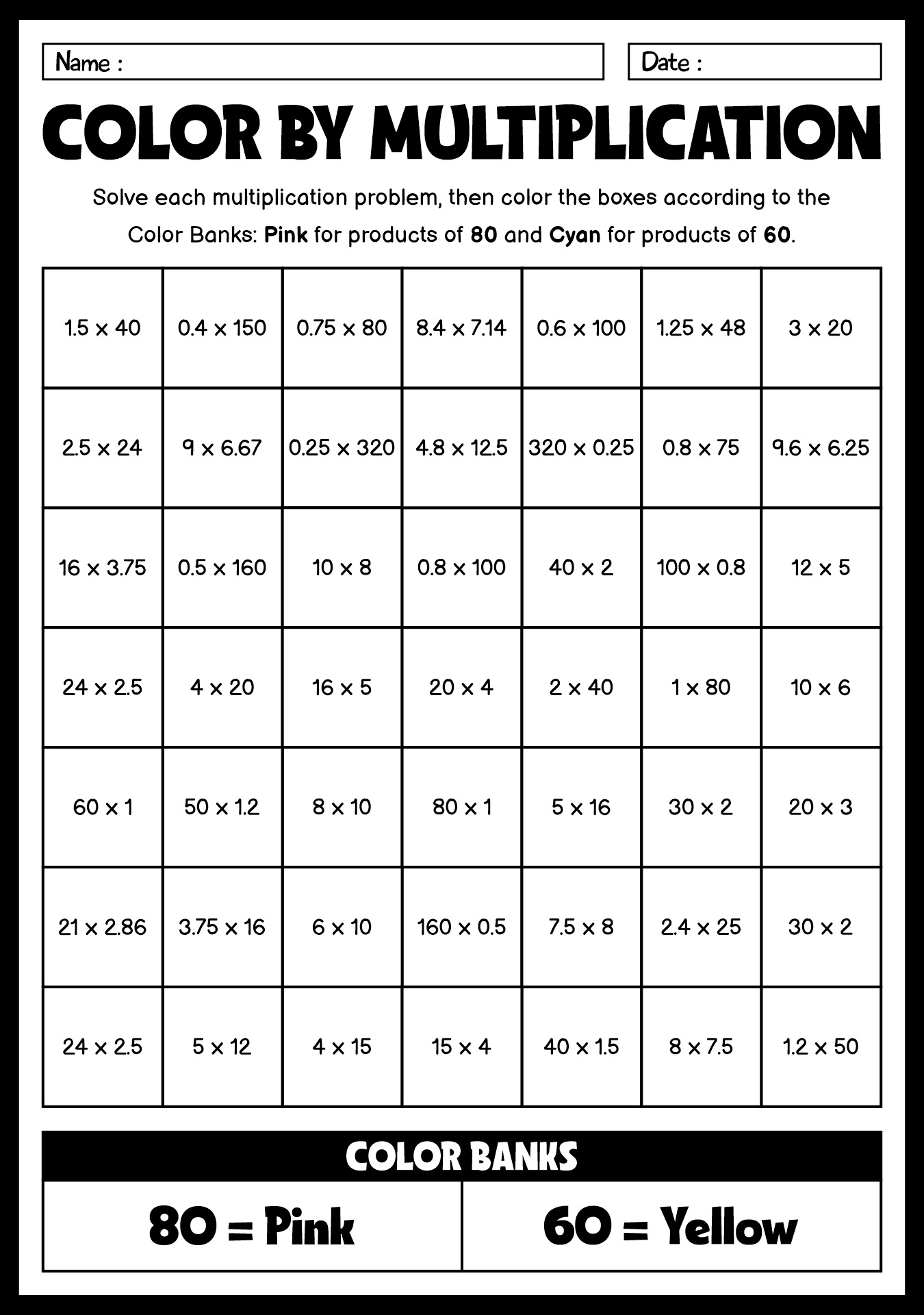 7th Grade Math Multiplication Coloring Worksheets