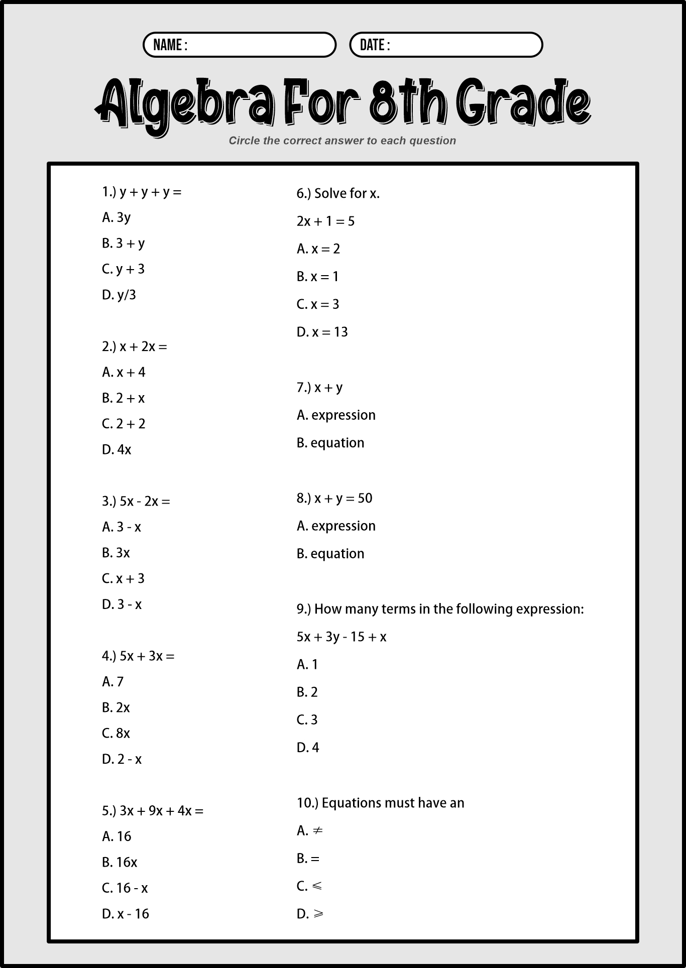 8th Grade Homeschool Worksheets on Algebra