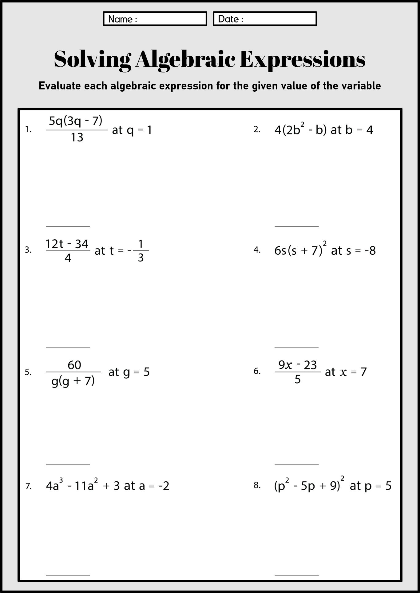 Algebraic Expressions and Variables Worksheets for Grade 7