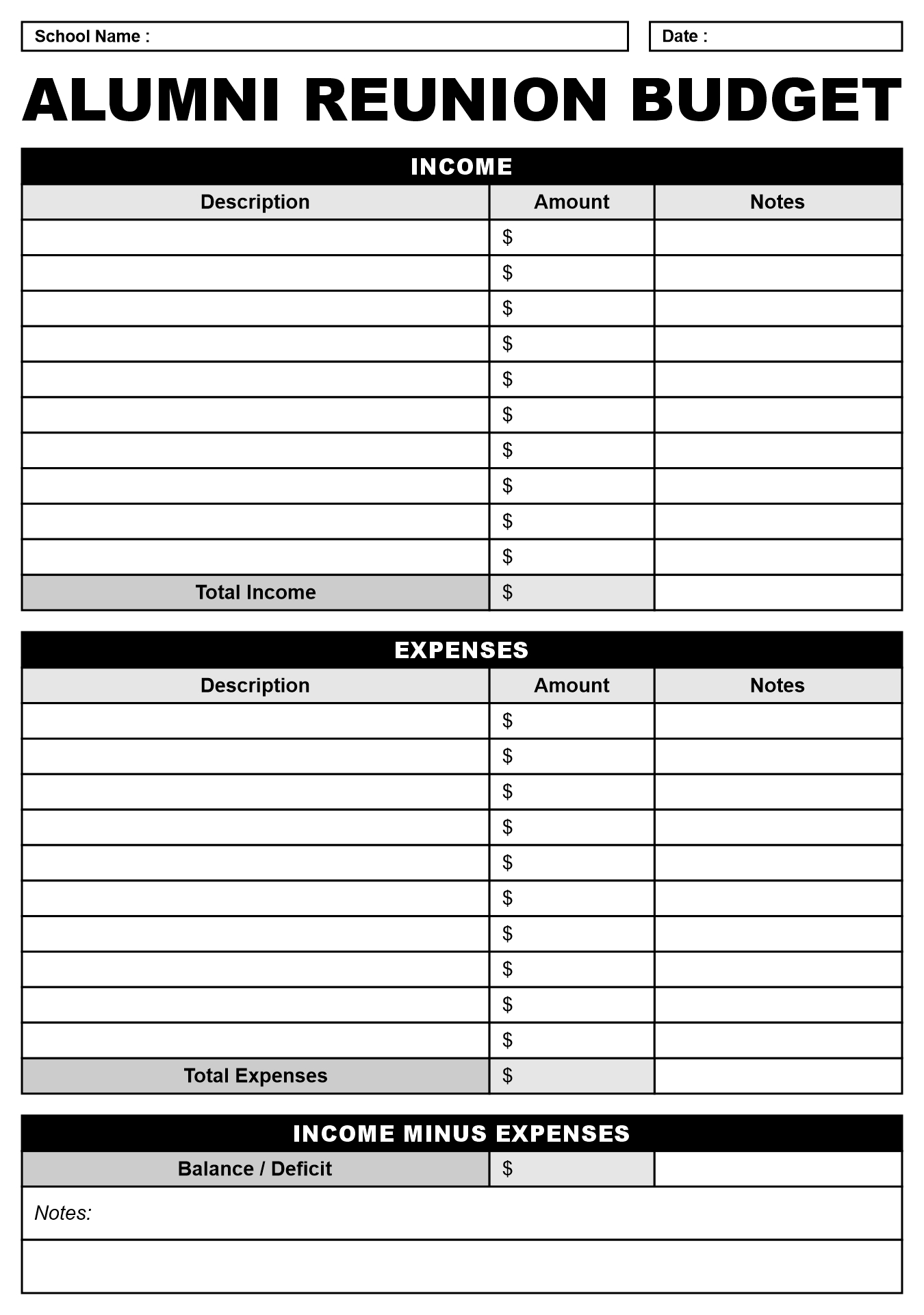 Alumni Reunion Budget Calculation Worksheet