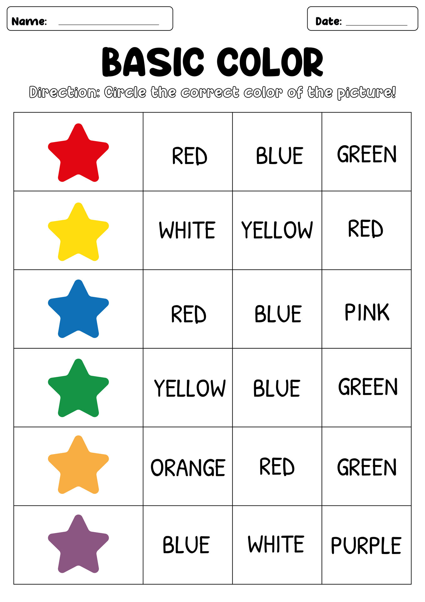 Basic Colors Learning Worksheet for First Graders