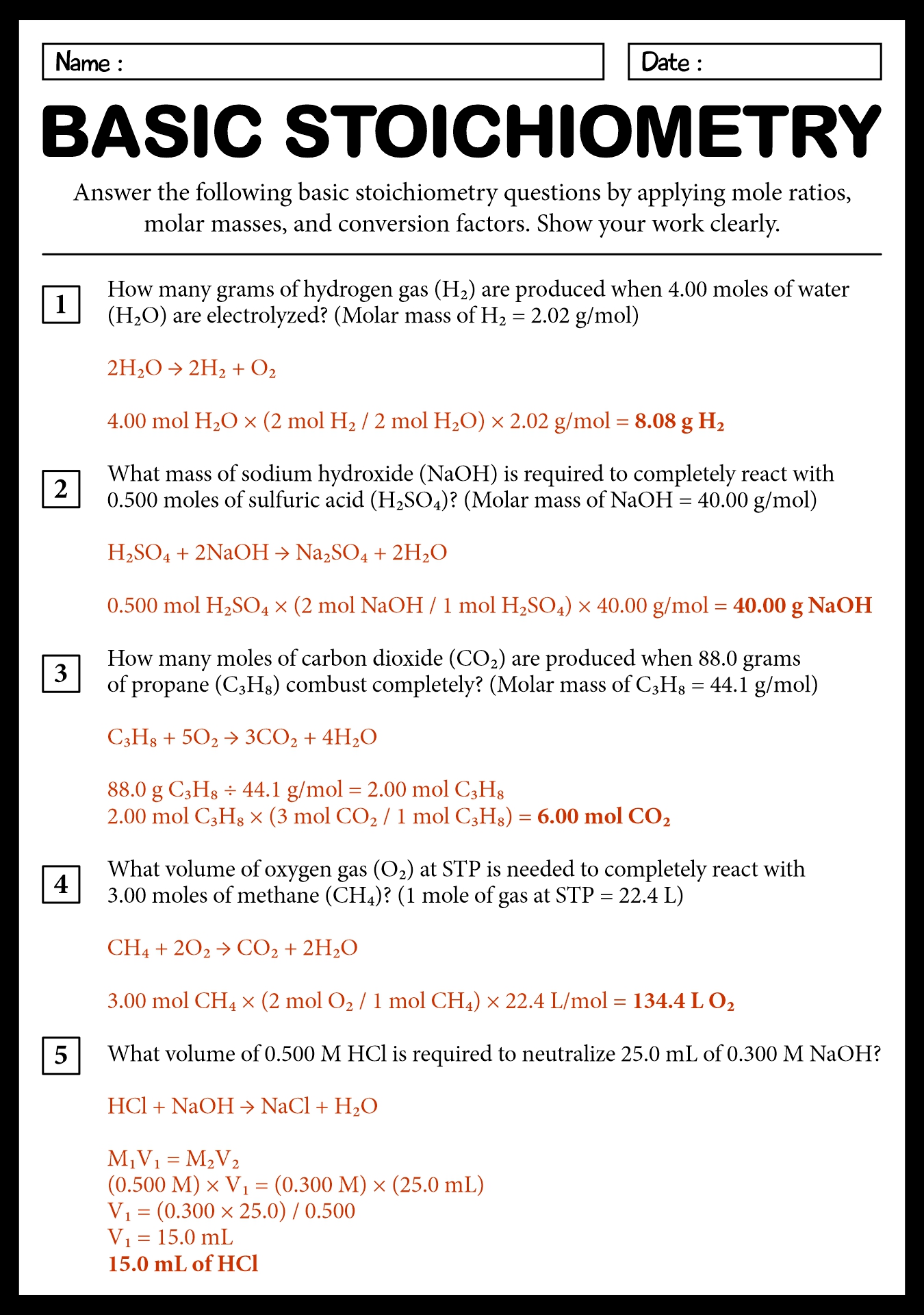 Basic Stoichiometry Worksheet with Answer