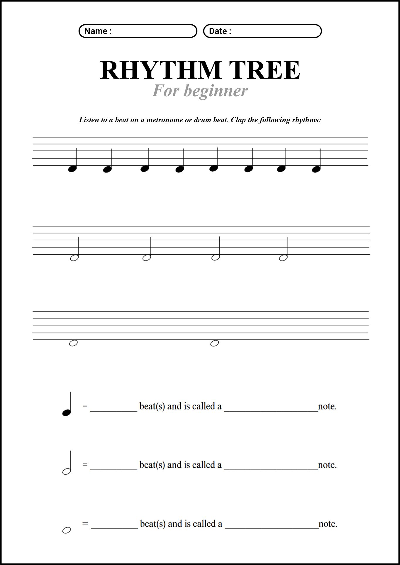 Beginner Rhythm Tree Worksheet