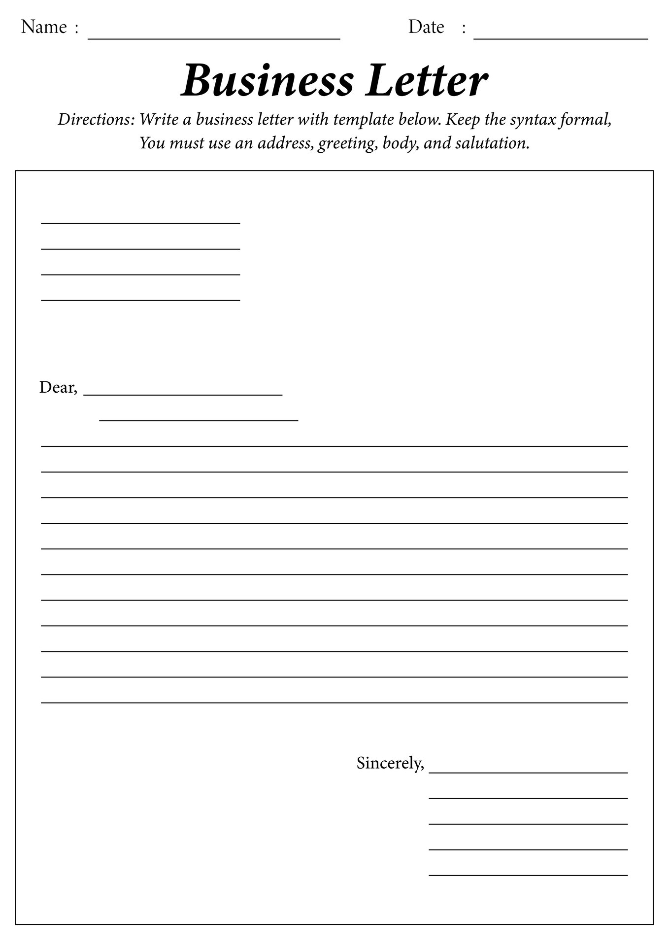 Business Letter Format Exercise Worksheet