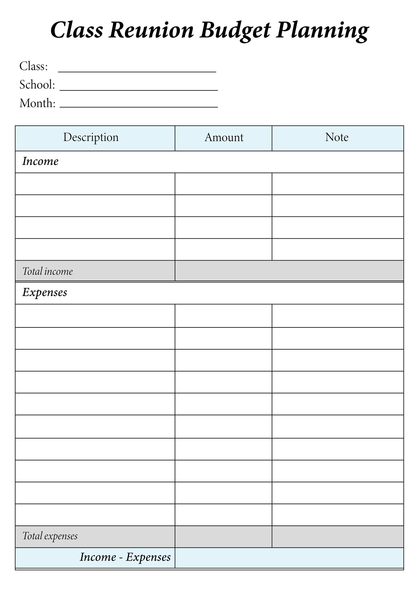 Class Reunion Budget Planning Worksheet