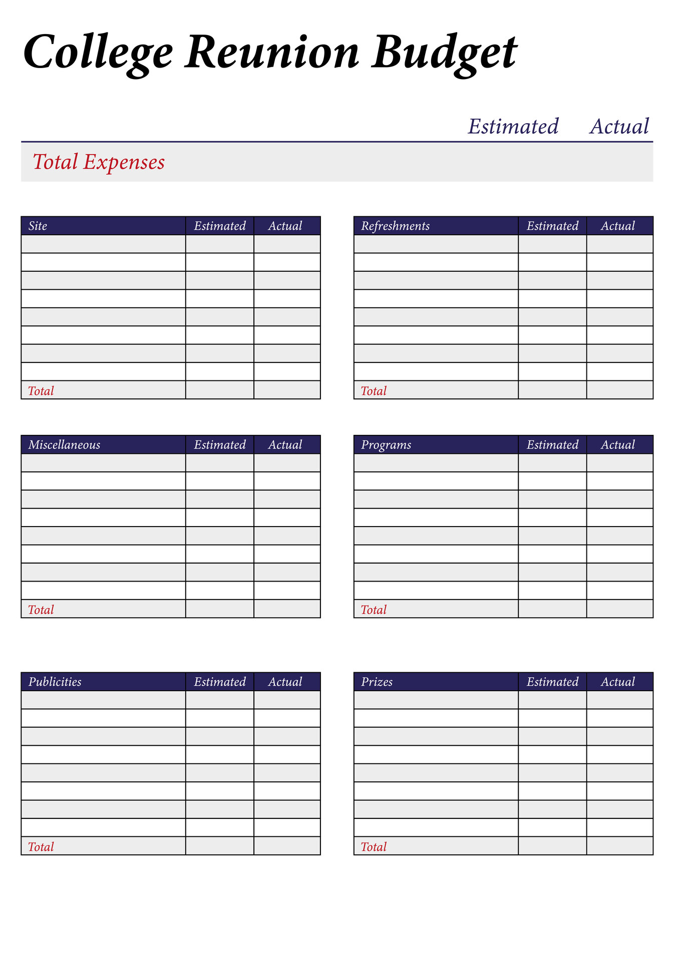 College Reunion Budget Spreadsheet