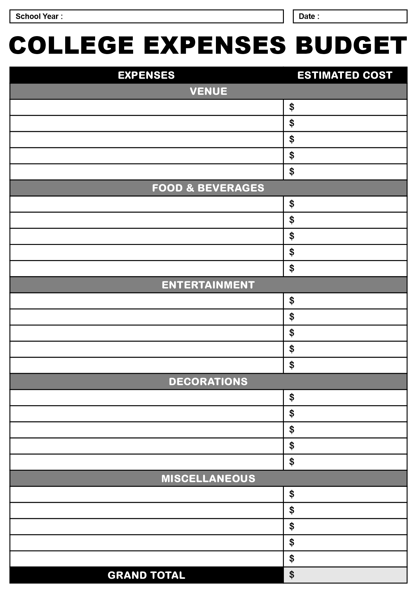 College Reunion Expense Organizer