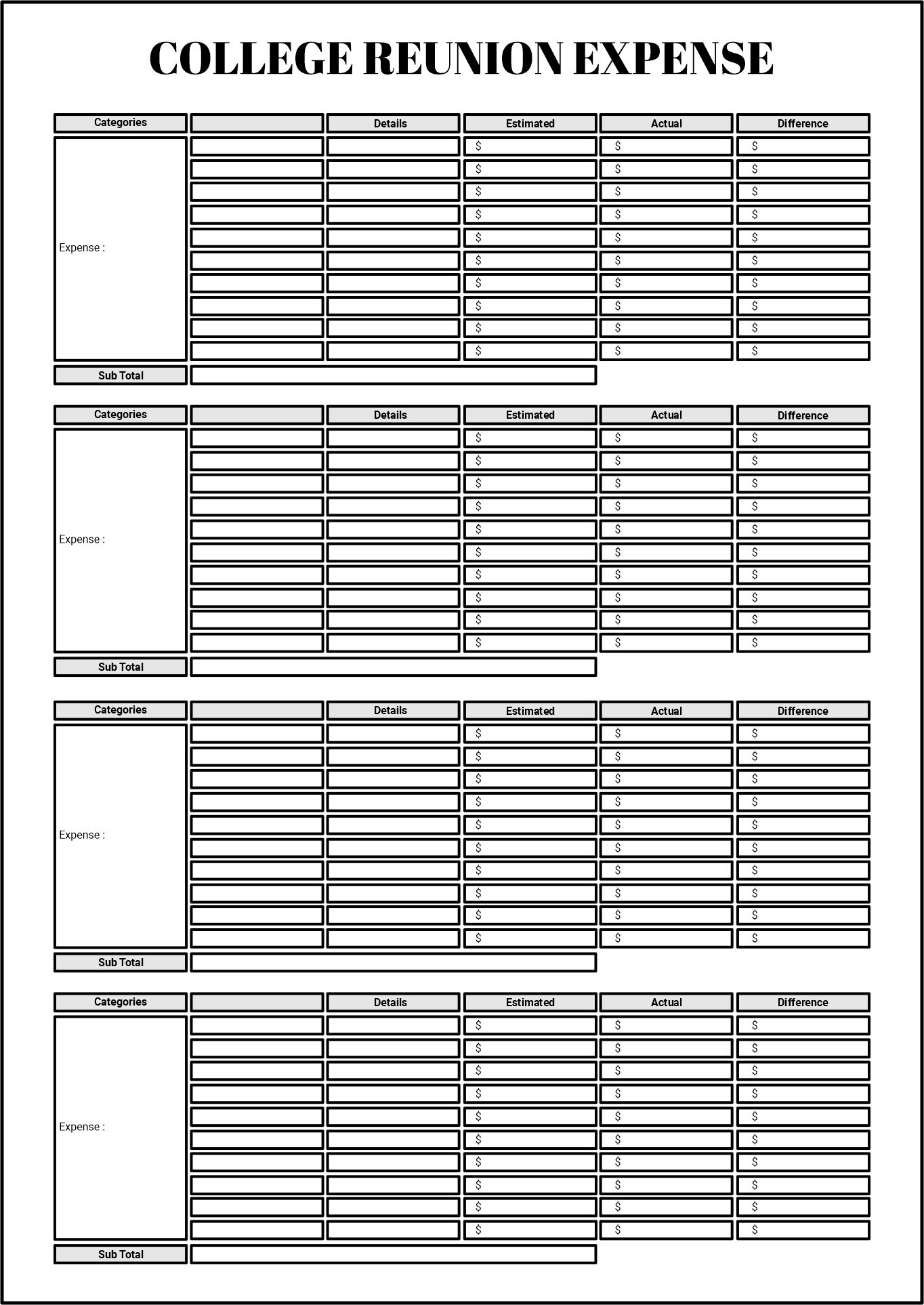 College Reunion Expense Worksheet