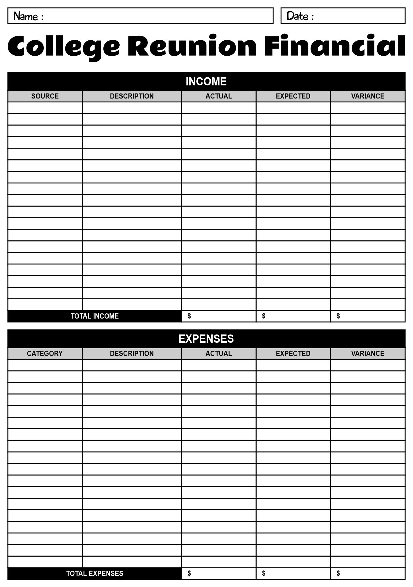 College Reunion Financial Worksheet