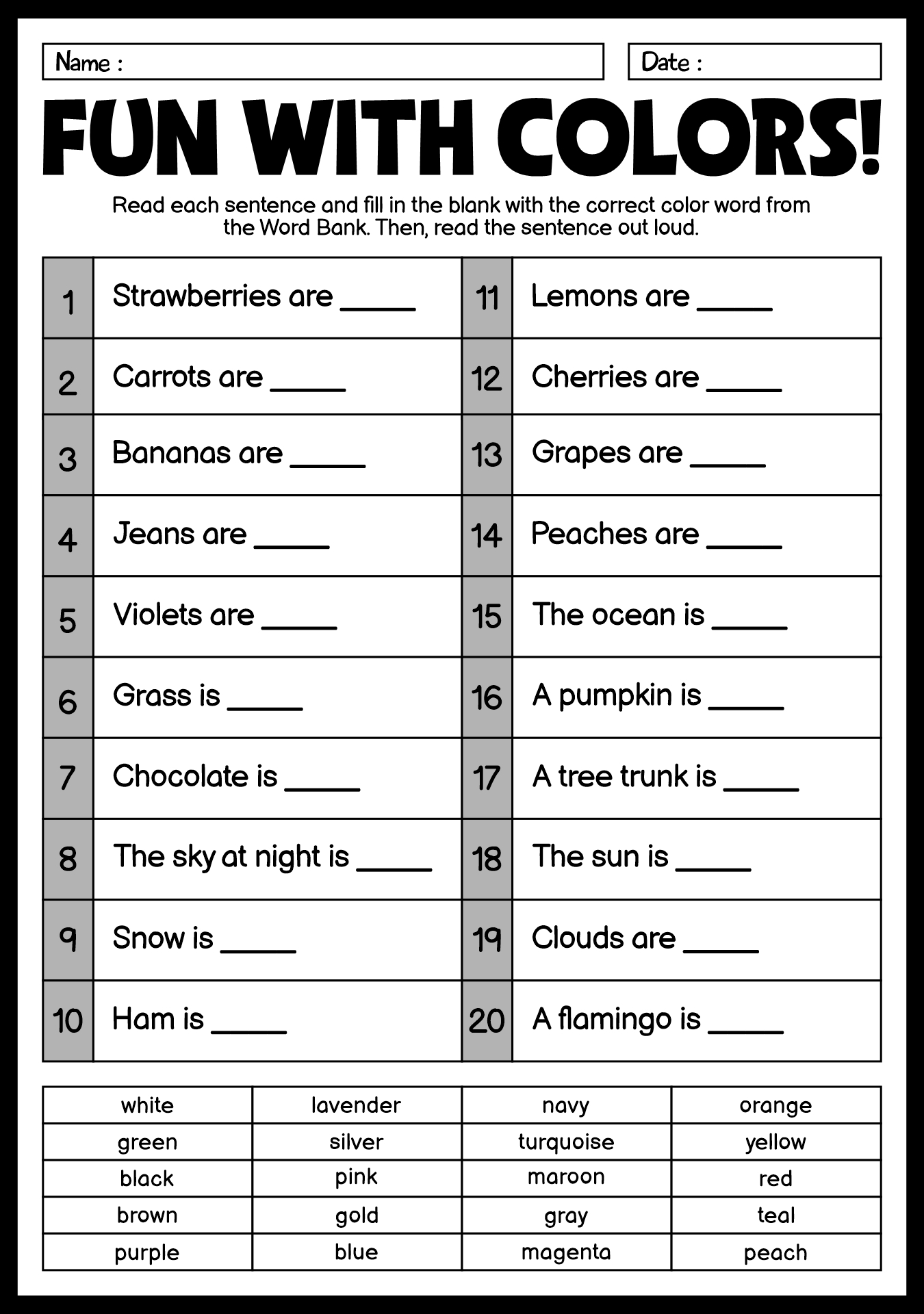 Color Vocabulary Worksheet for First Graders