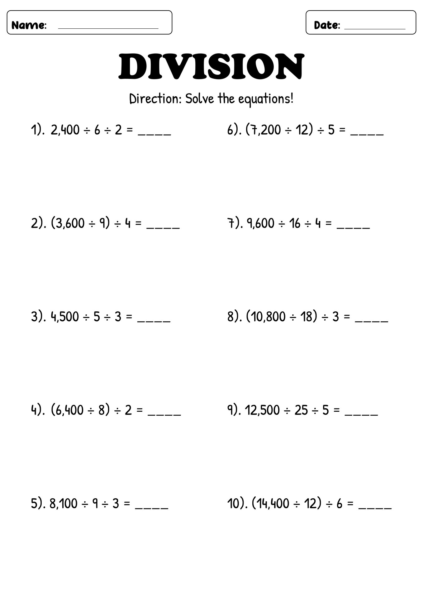 Complex Division Exercises Grade 4