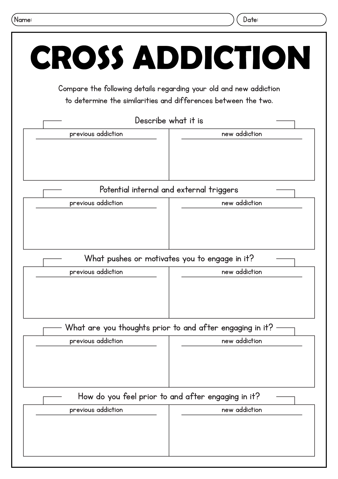 Cross Addiction Recovery Plan Worksheet