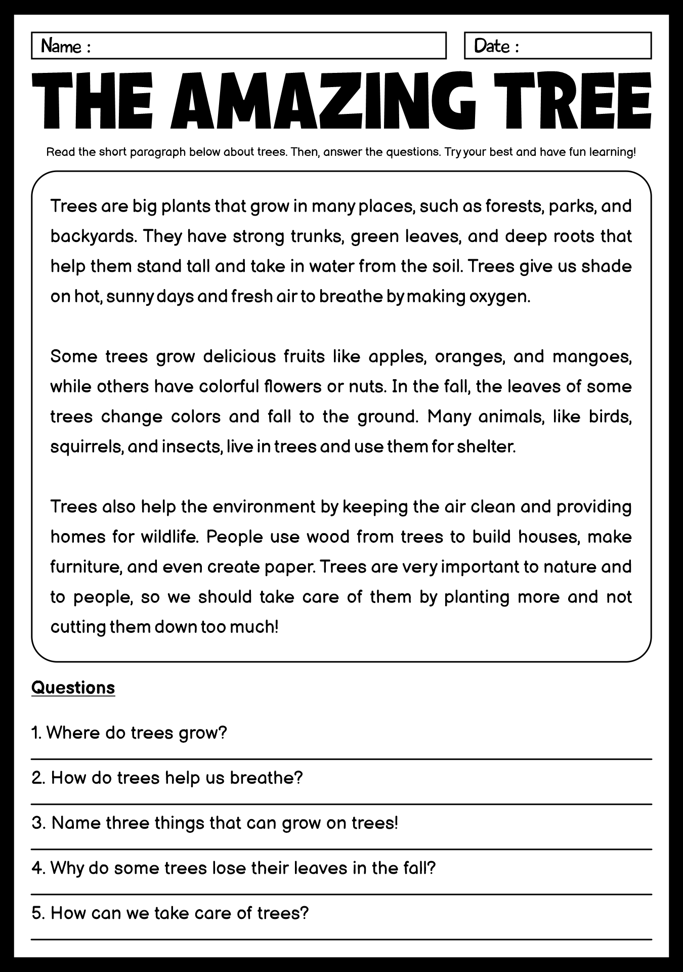 Elementary Plant Reading Comprehension Worksheets