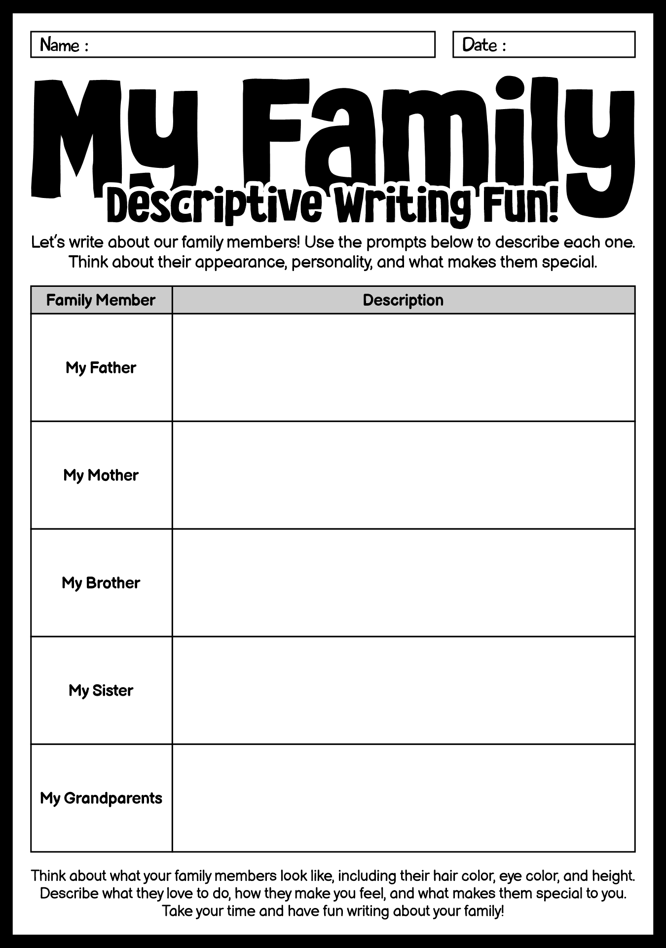 Family Members Descriptive Writing Worksheets