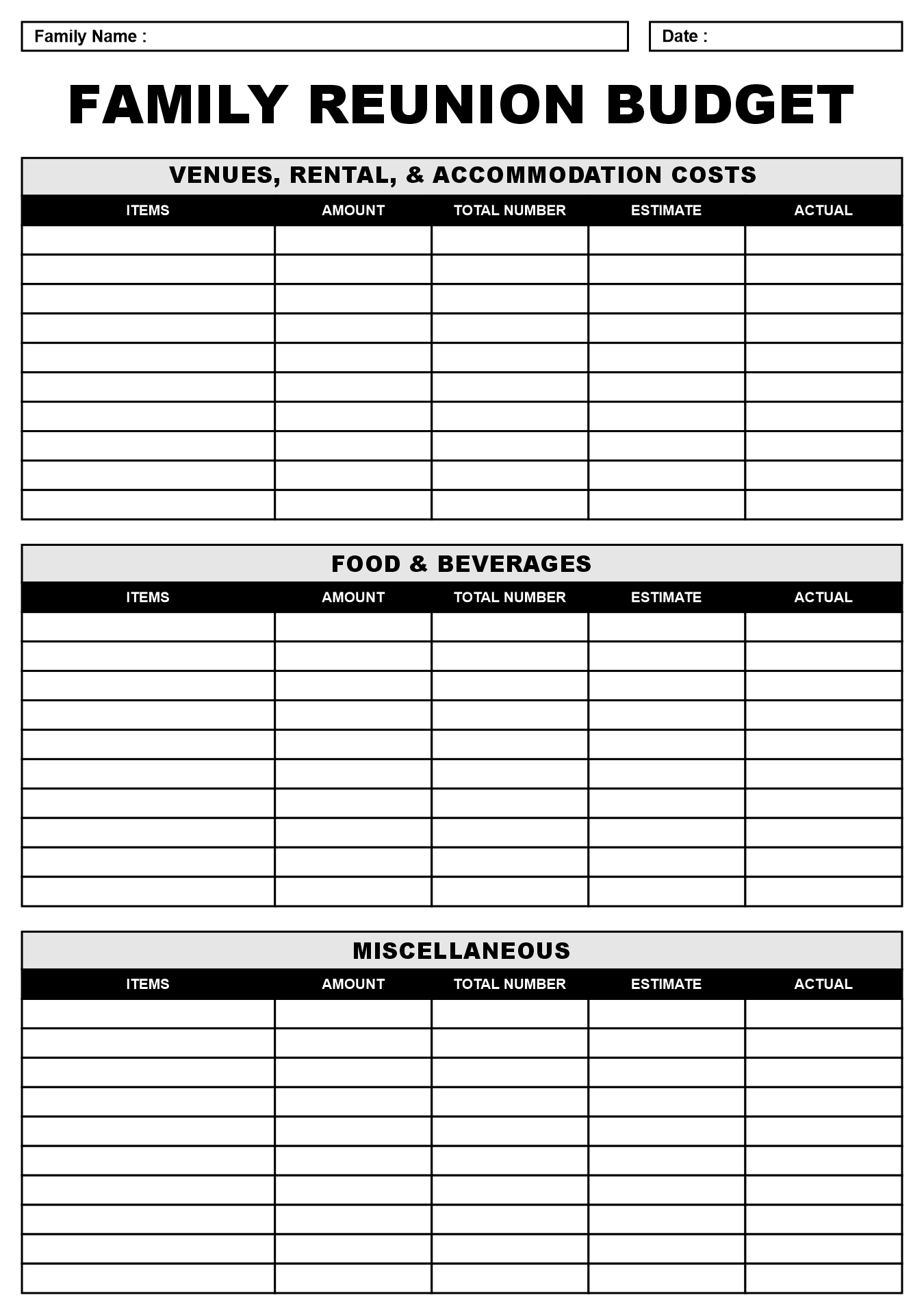 Family Reunion Budget Breakdown Sheet