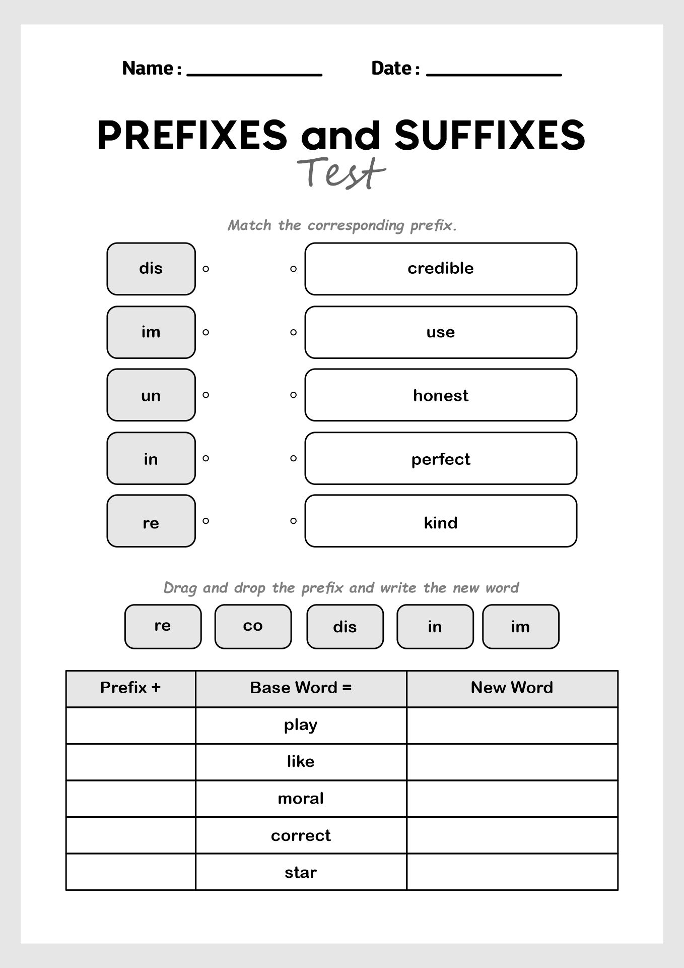 Fourth Grade Prefixes and Suffixes Drill Worksheets