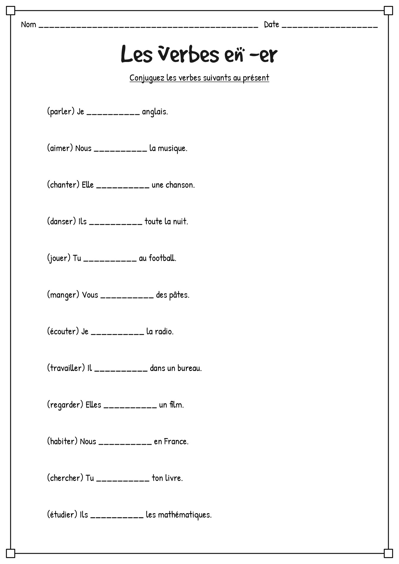 French ER Verb Conjugation Practice Worksheet