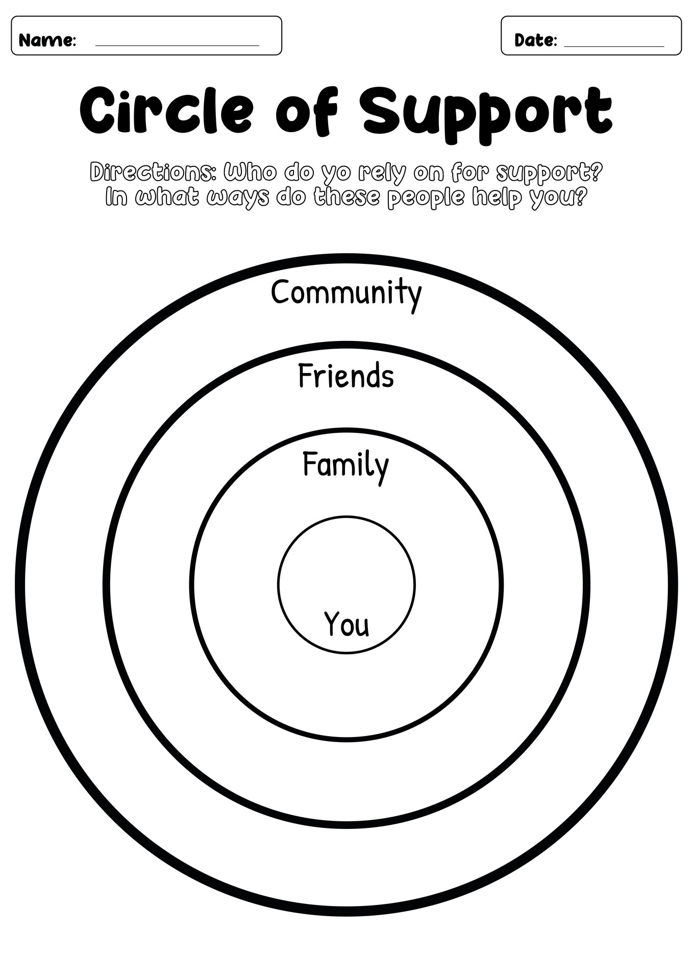 Friends and Family Support Circle Worksheets