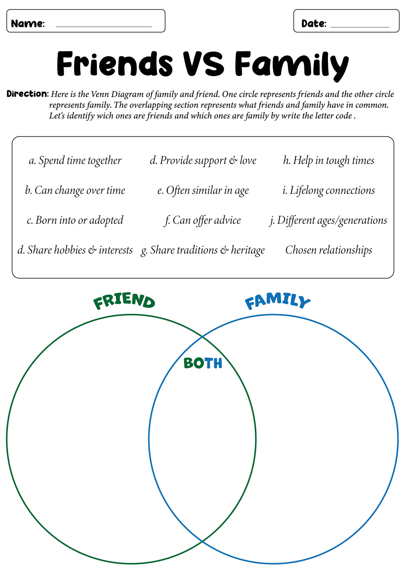 Friends vs. Family Comparison Activity Sheets