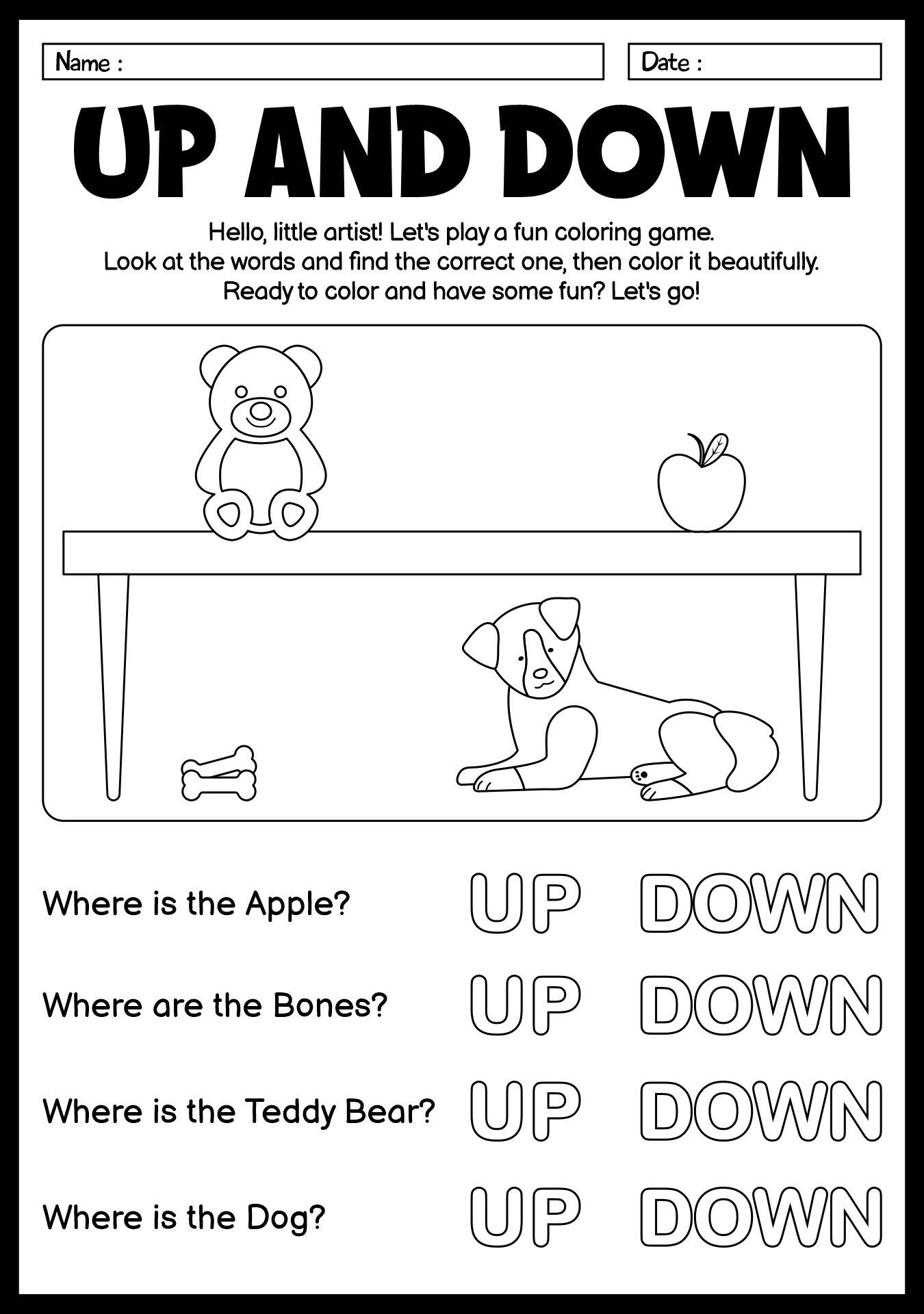 Fun Up and Down Learning Worksheets for Children