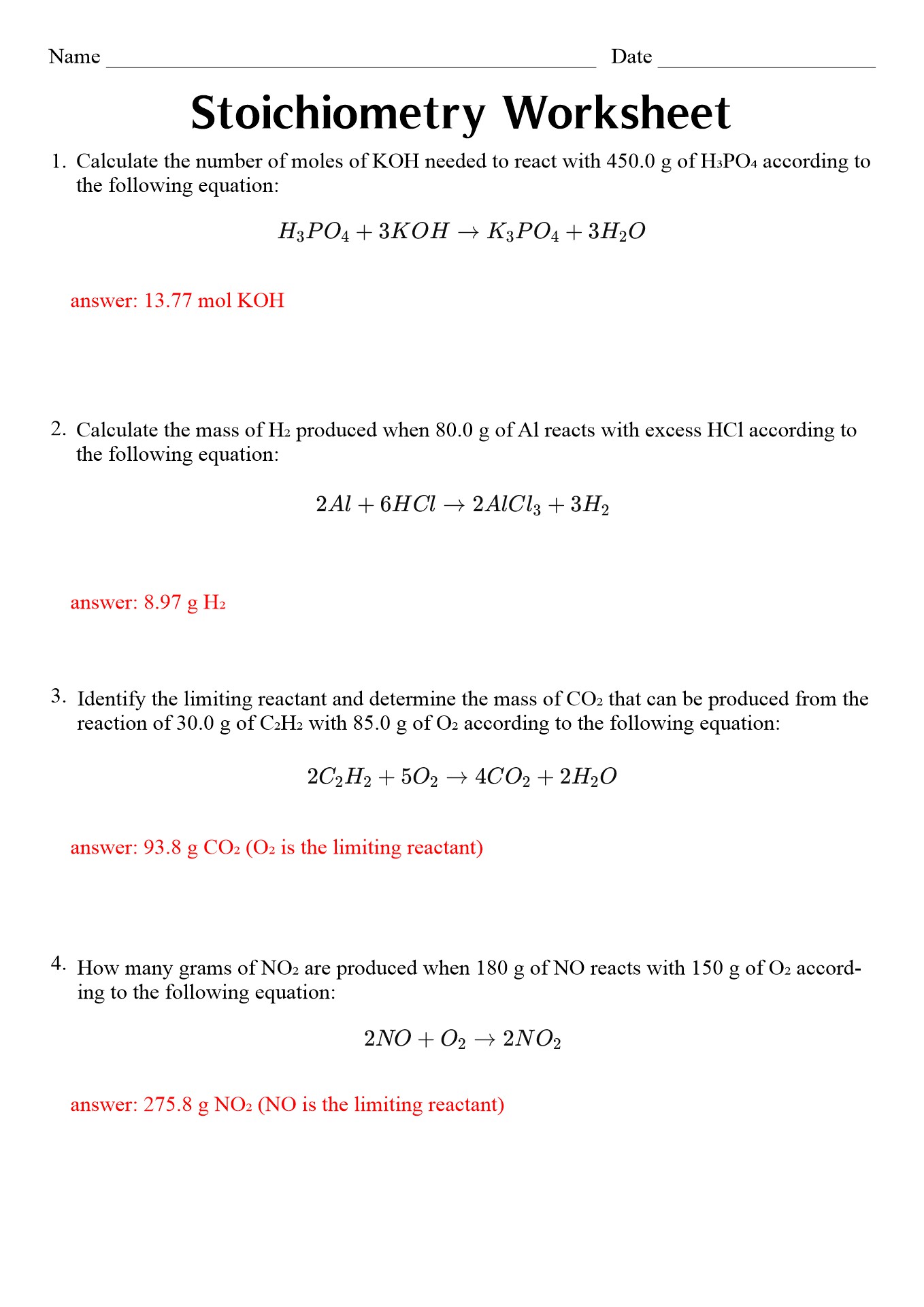 General Chemistry Stoichiometry Worksheet Answer Key