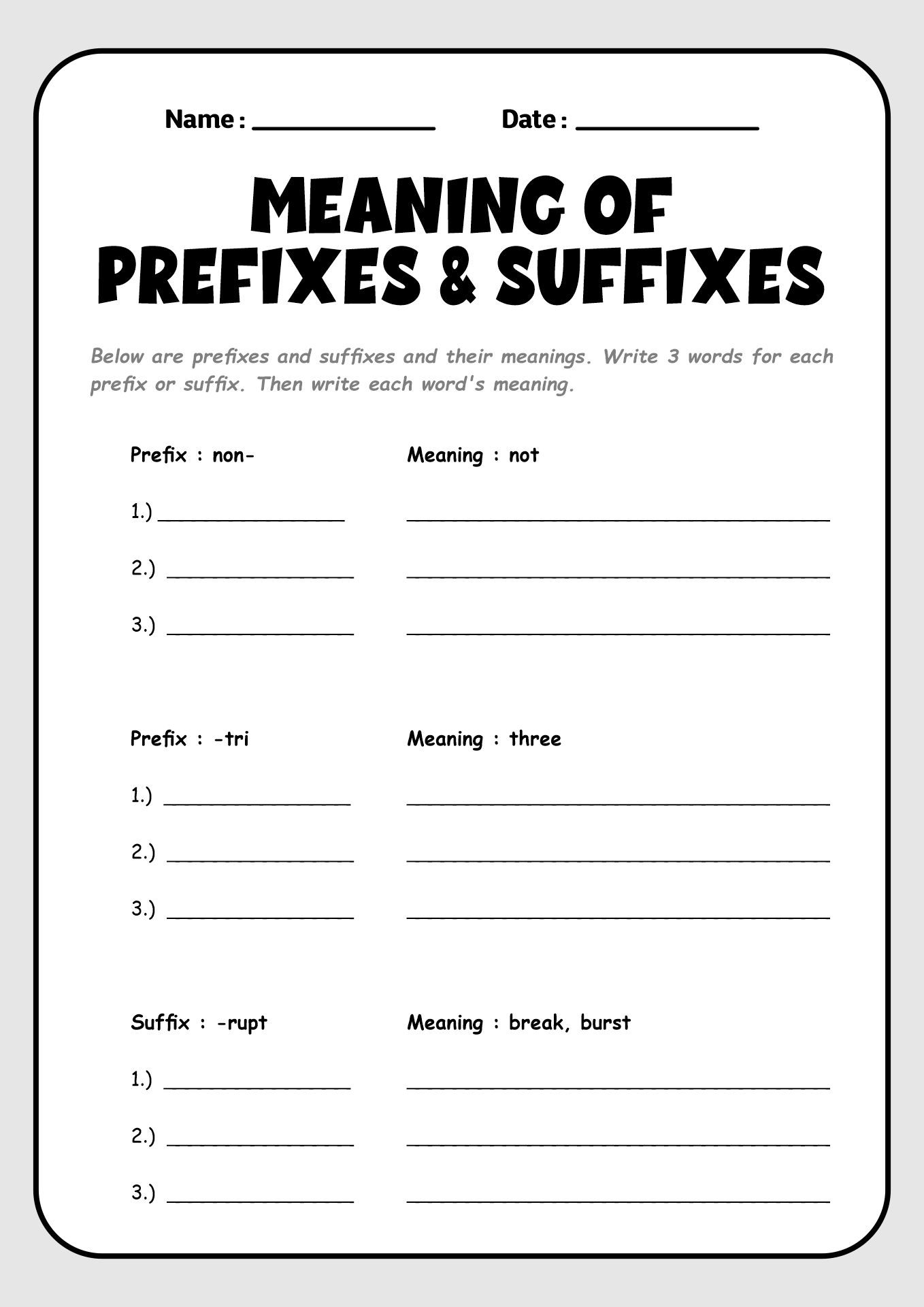 Grade 4 Prefixes and Suffixes Review Worksheets