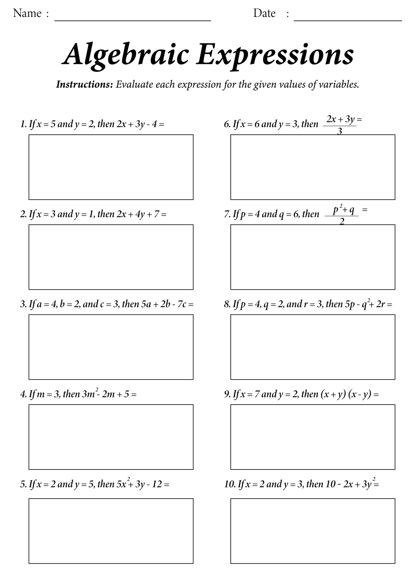 Grade 7 Algebraic Expressions Problem Sets