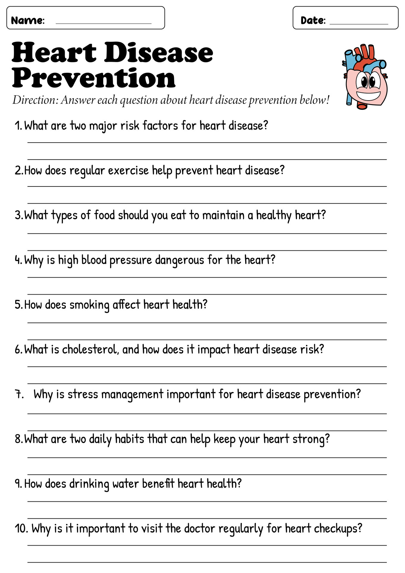 Heart Disease Prevention Worksheets for Adults