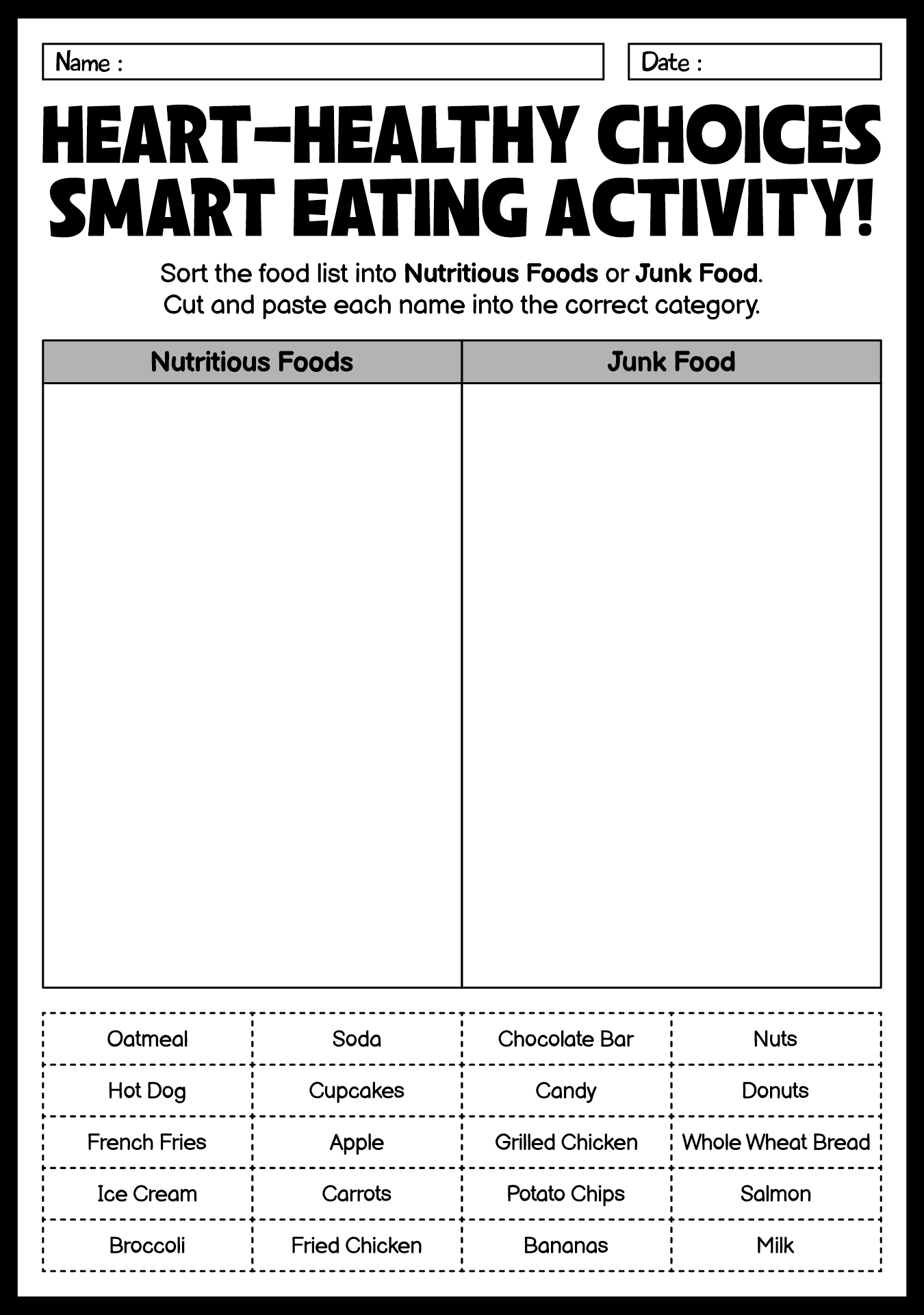 Heart Healthy Diet Activity Sheets