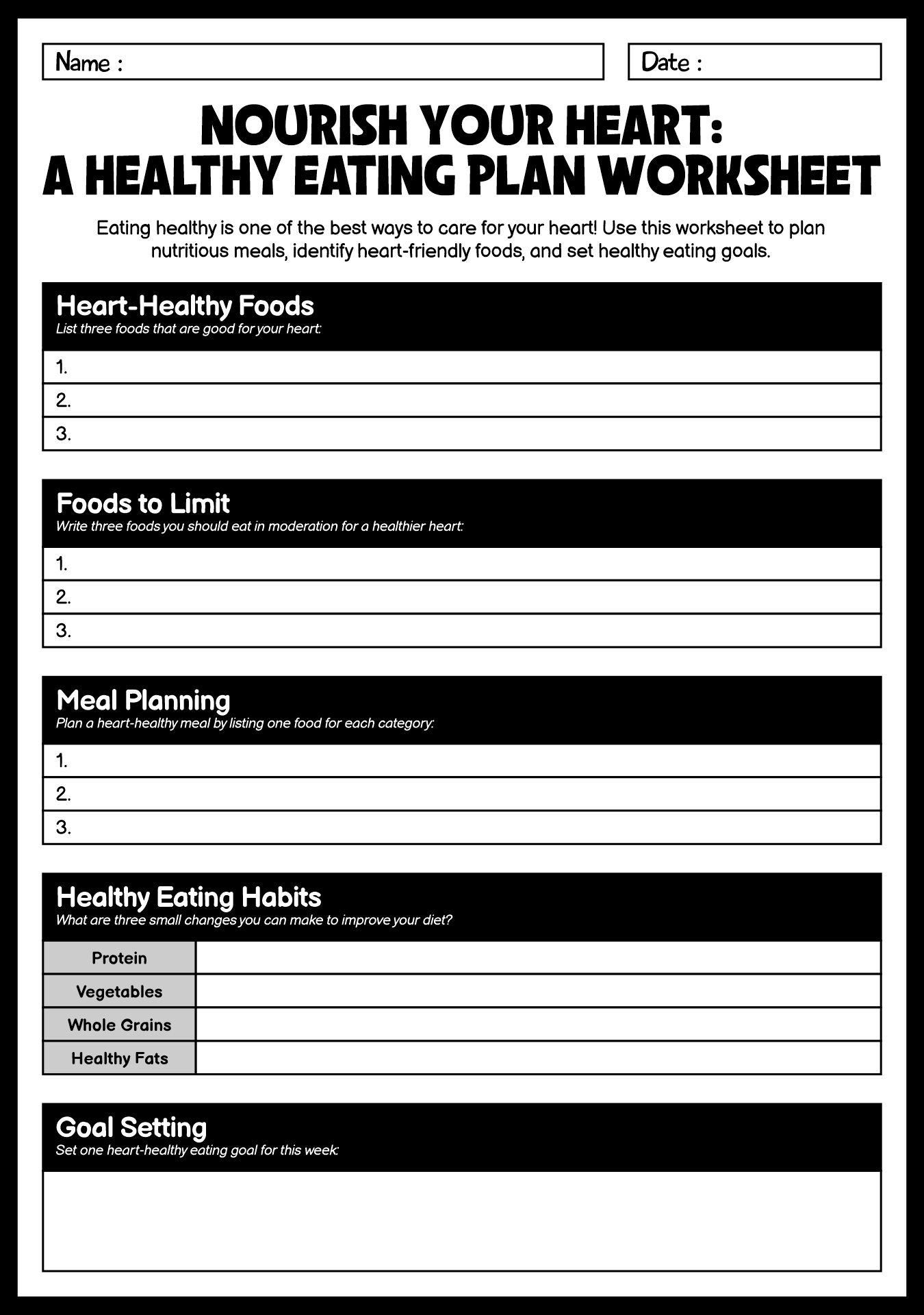 Heart Healthy Eating Plan Worksheets