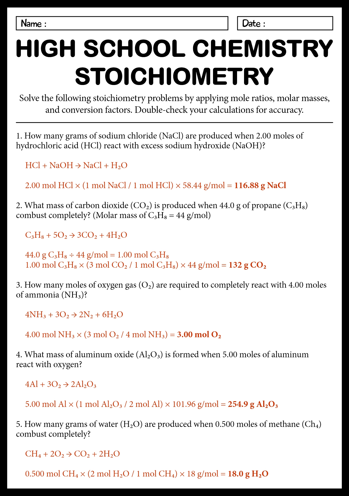 High School Chemistry Stoichiometry Worksheet Key