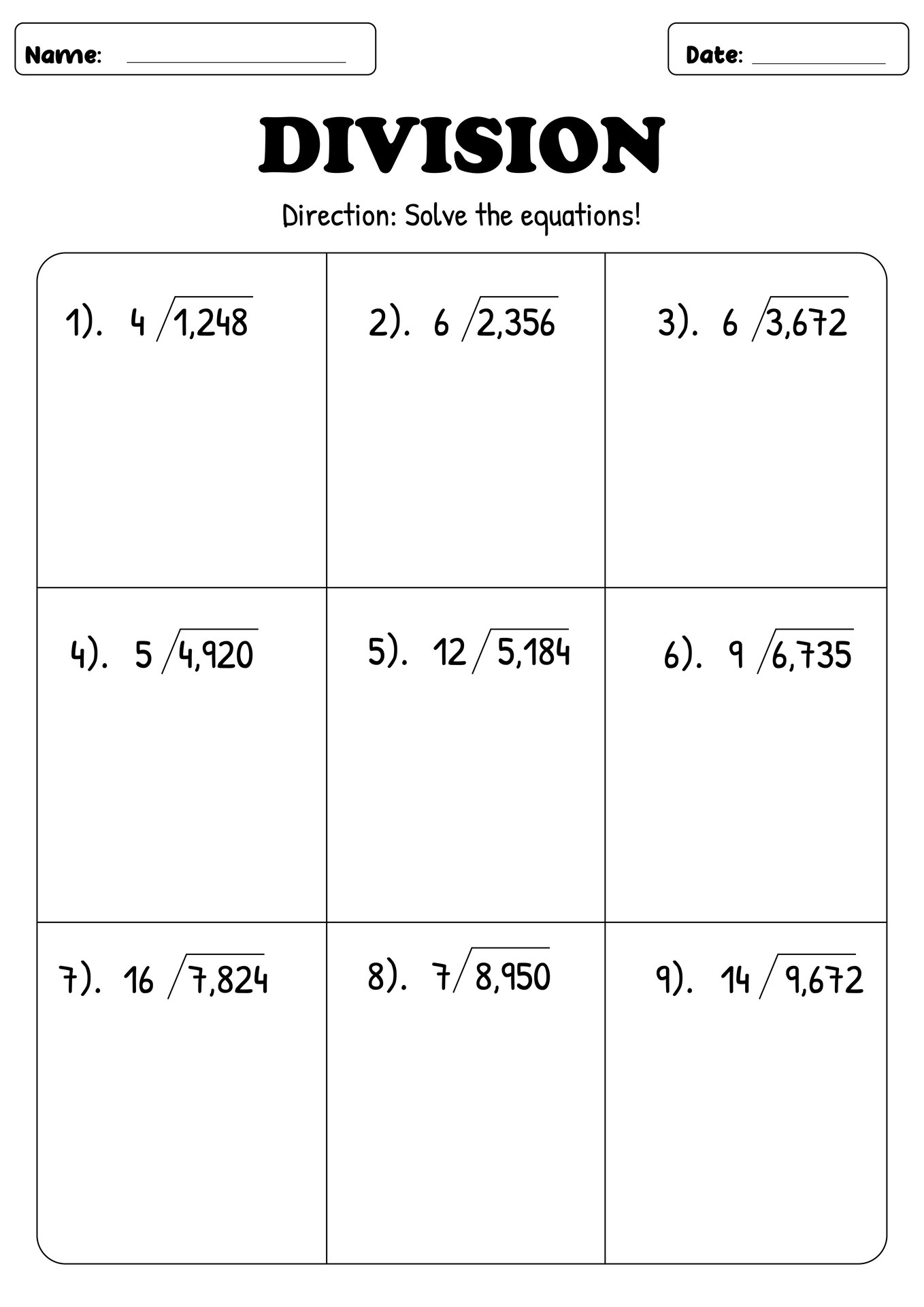 Multi-Digit Division Worksheets Grade 4