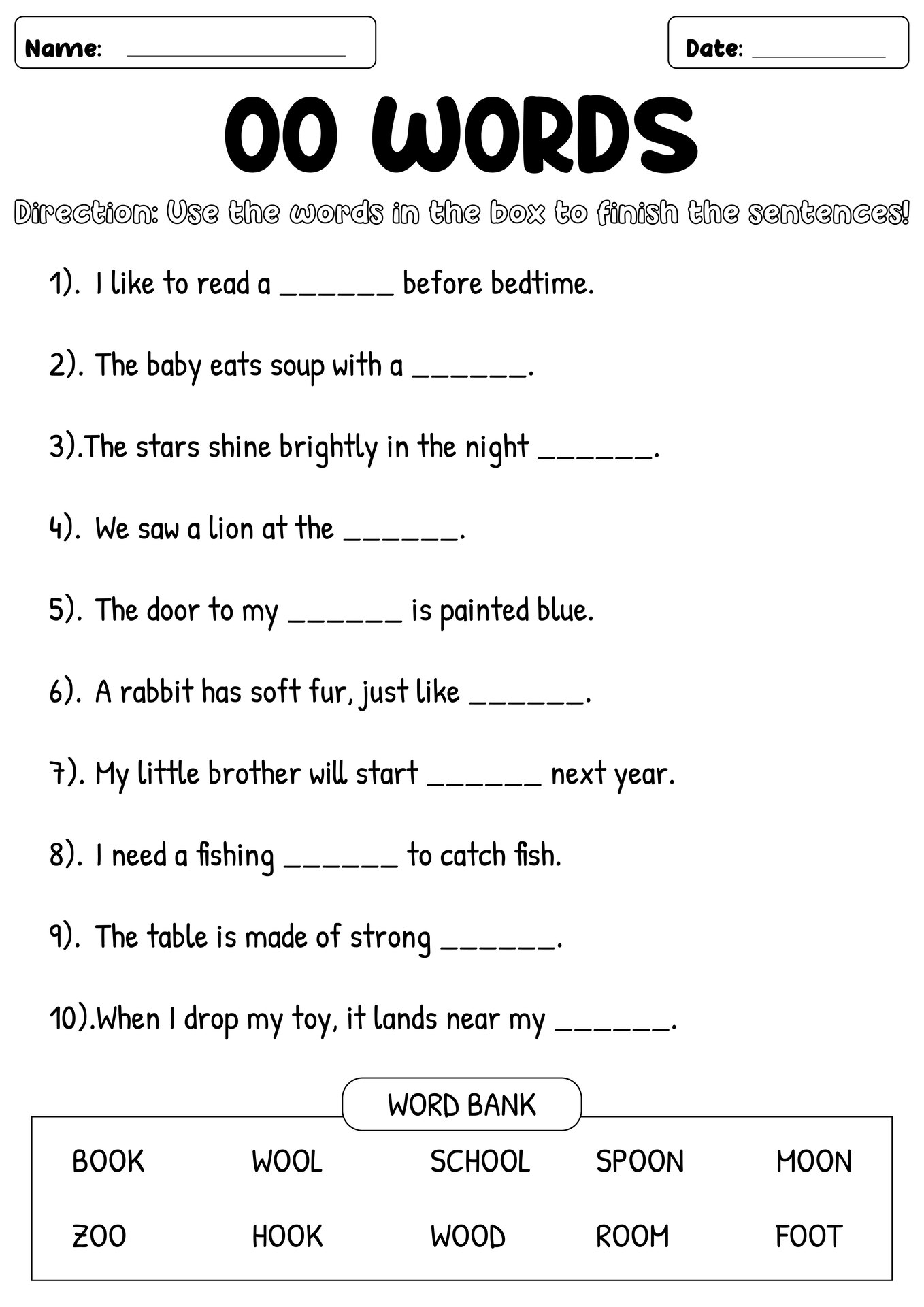 Phonics Oo Vocabulary Enhancement Sheet