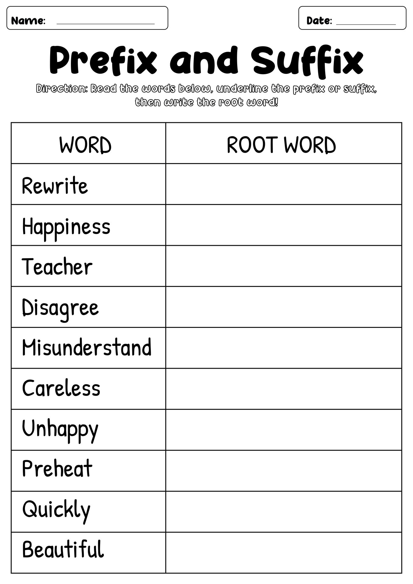 Prefix and Suffix Activity Worksheets for 4th Grade