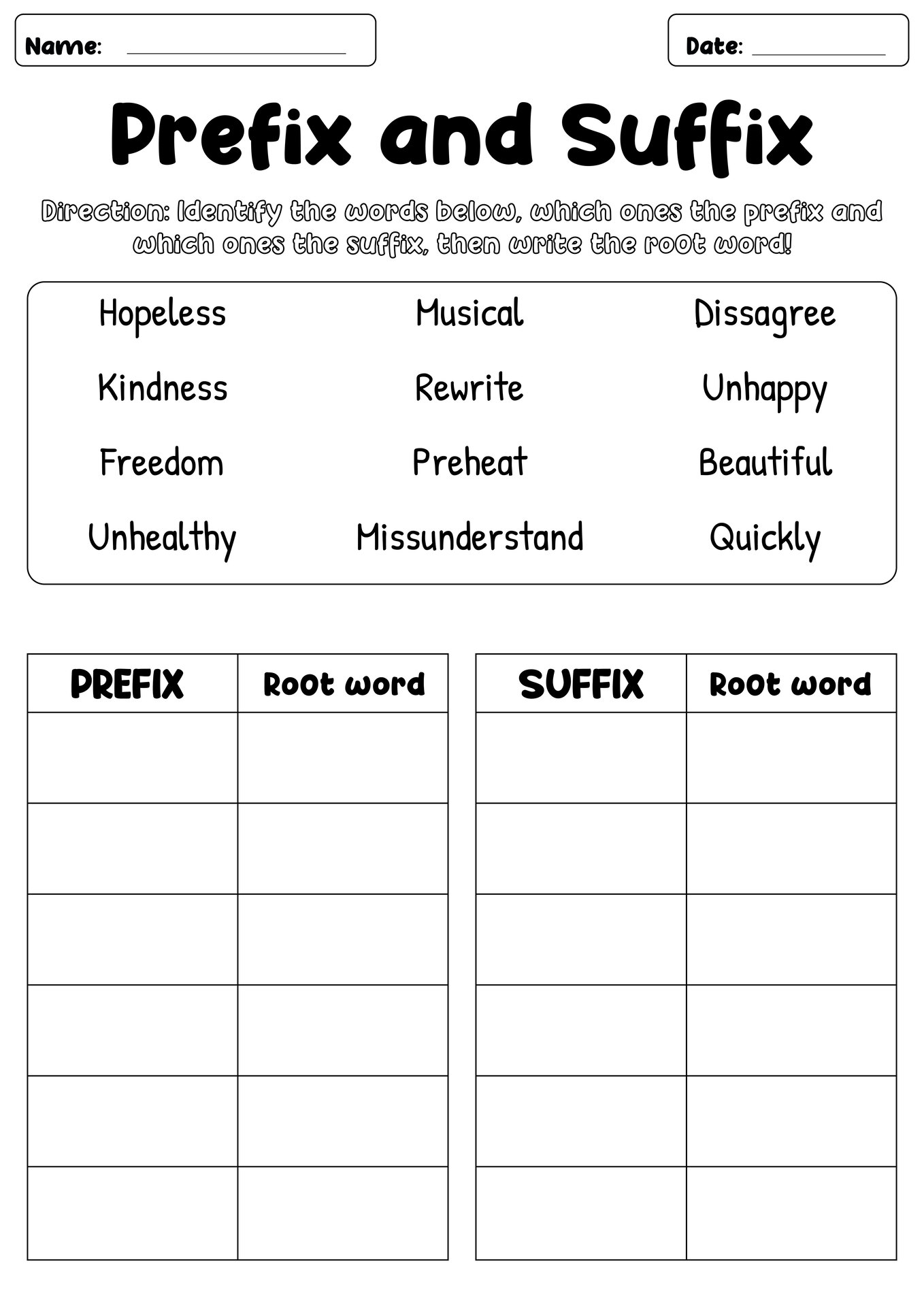 Prefix and Suffix Educational Worksheets for Fourth Graders