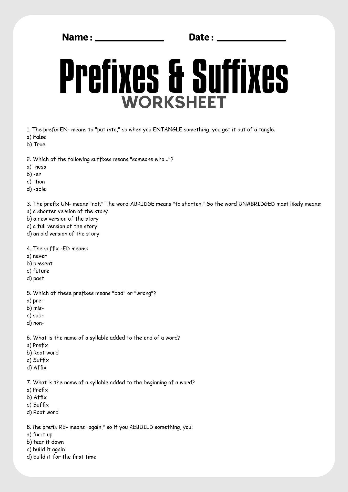 Prefixes and Suffixes Practice Worksheets for 4th Graders