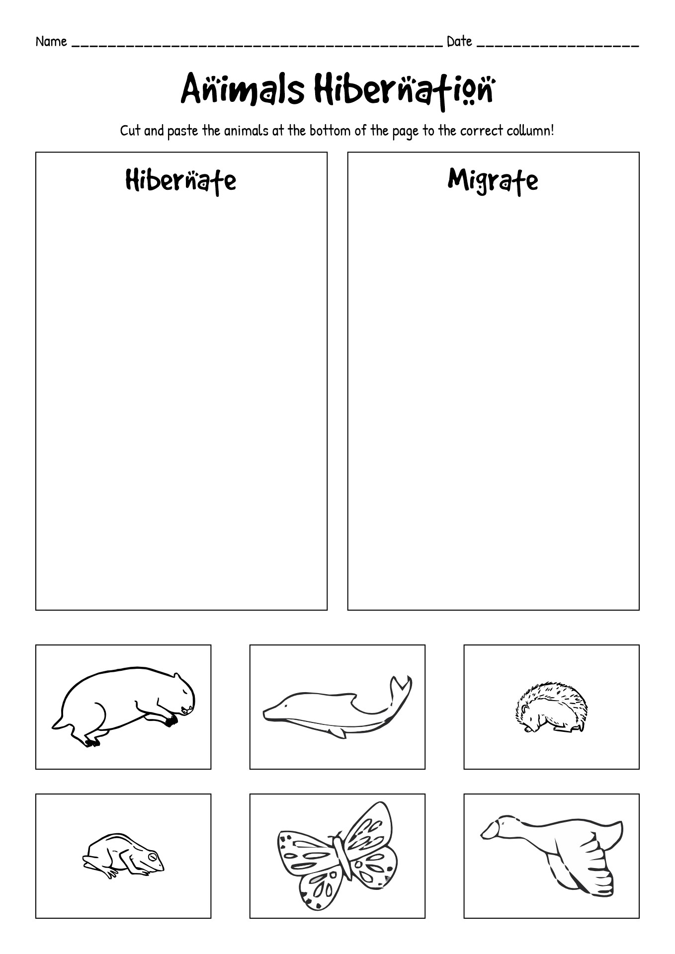 Preschool Worksheets on Animals in Hibernation