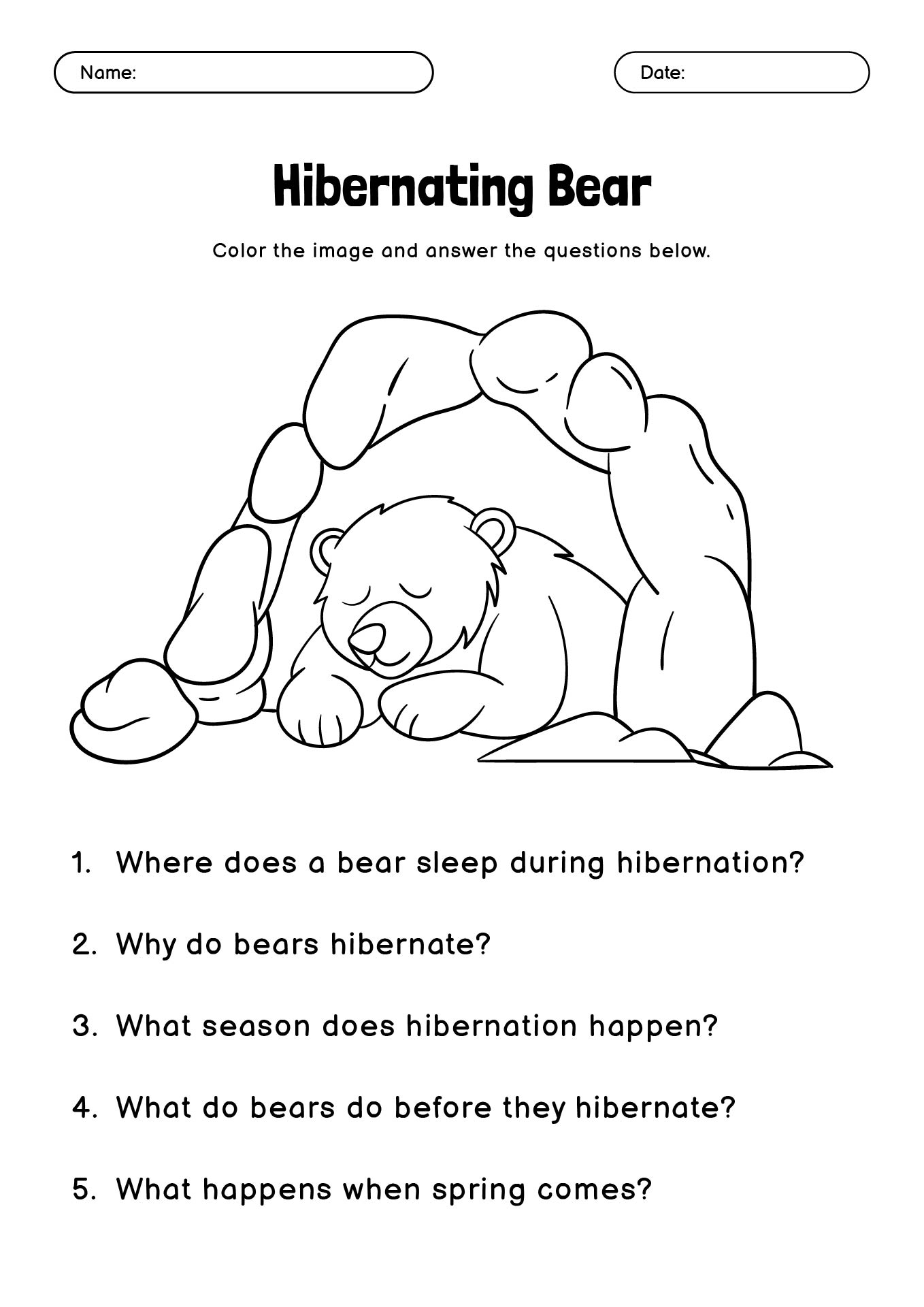 Preschool Worksheets On Bear Hibernation