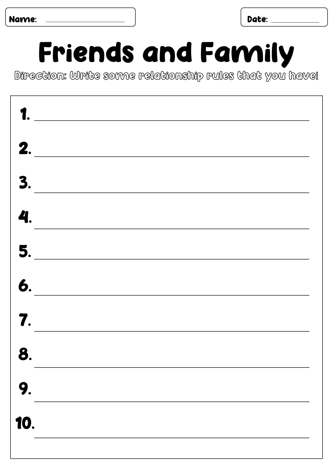 Printable Friends and Family Relationship Worksheets