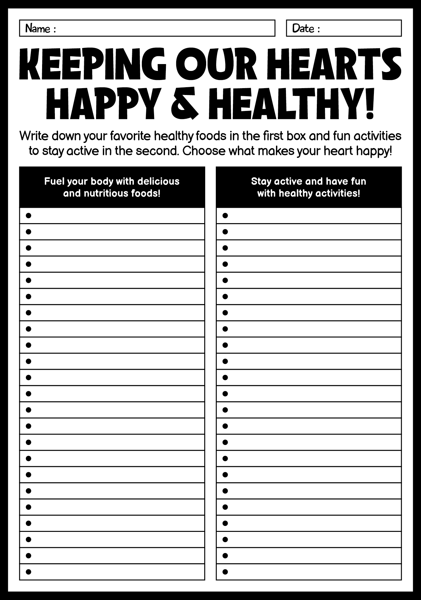 Printable Heart Health Activity Sheets