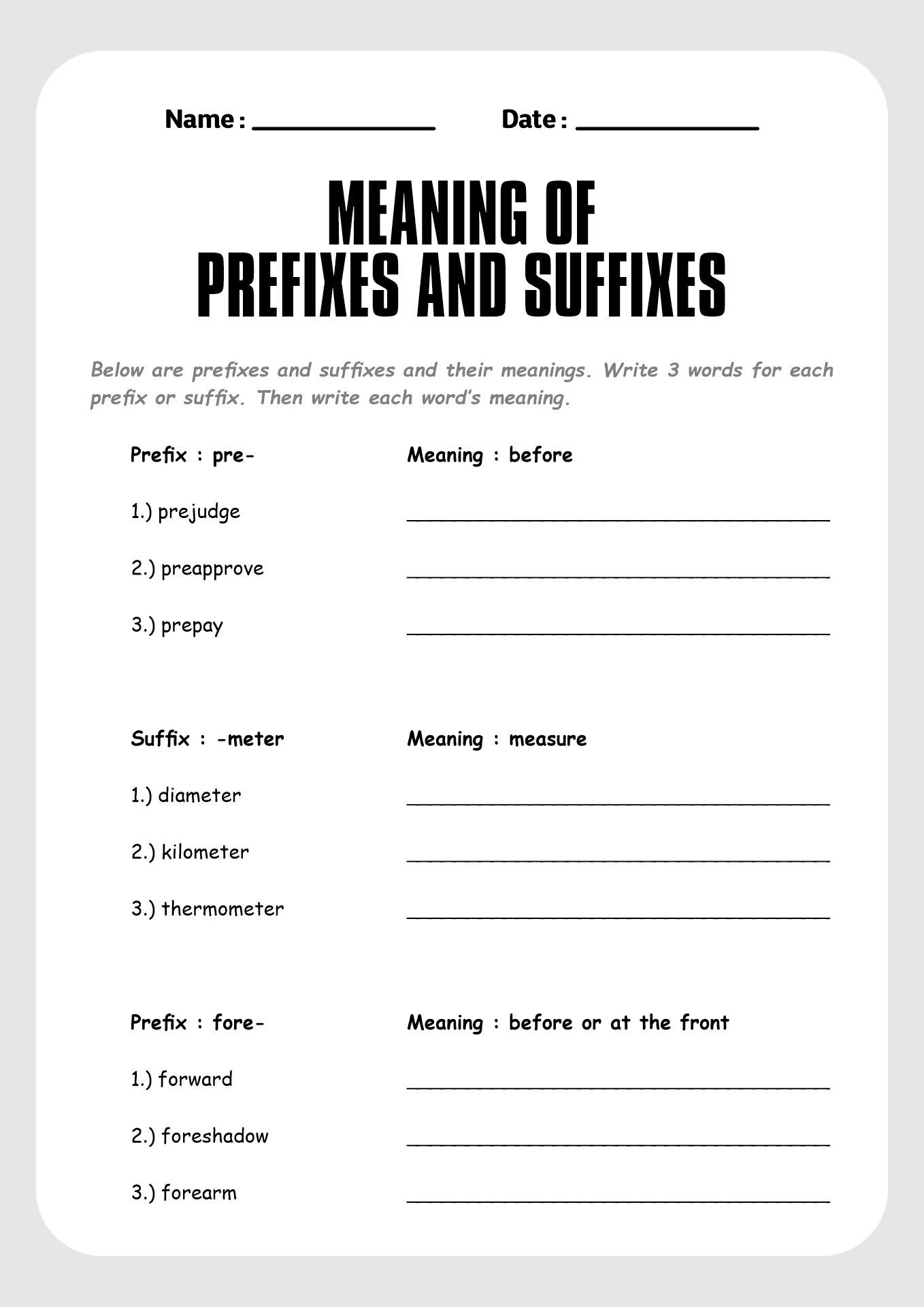 Printable Prefixes and Suffixes Activities for Grade 4