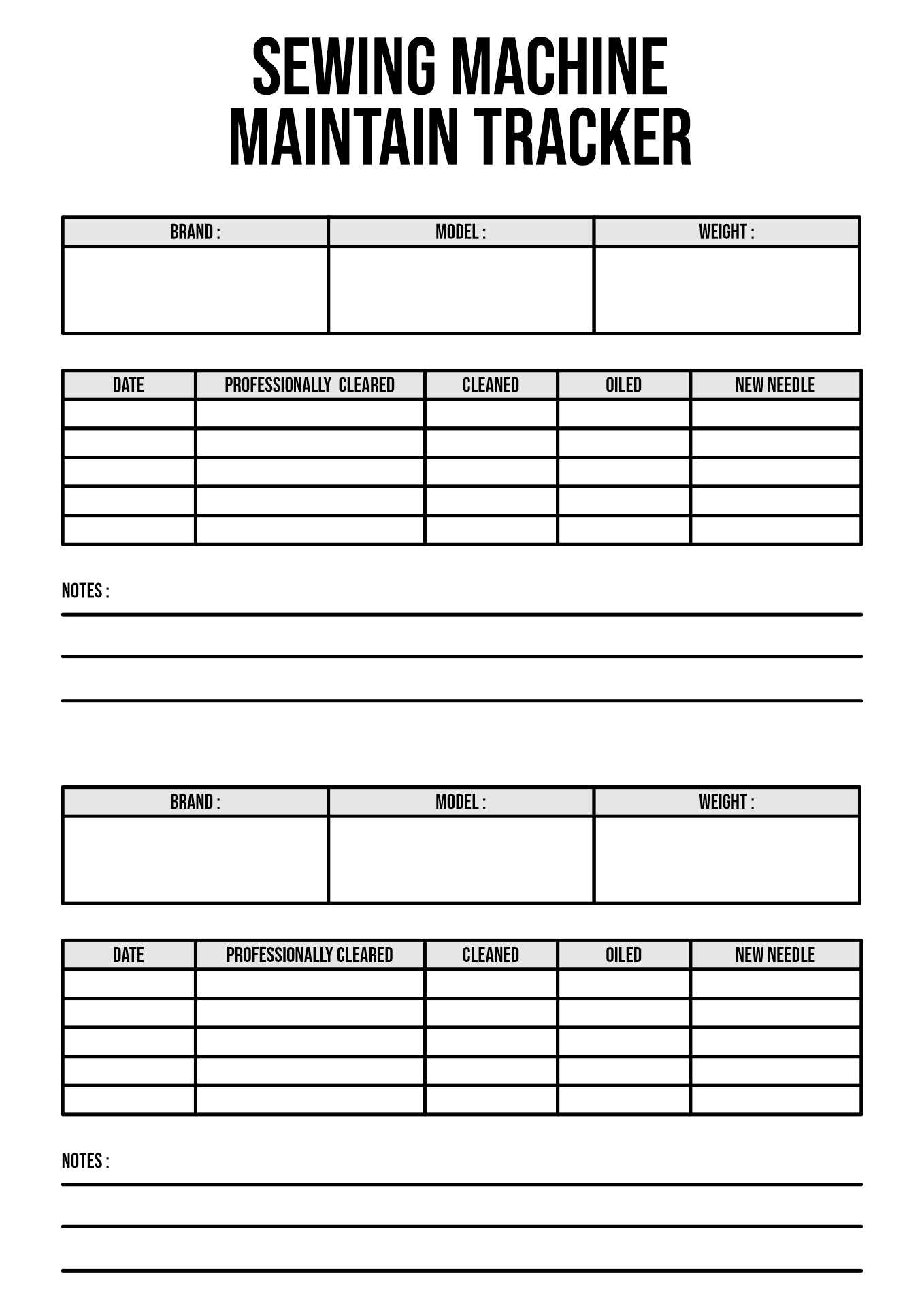 Printable Sewing Machine Maintenance Log Worksheets